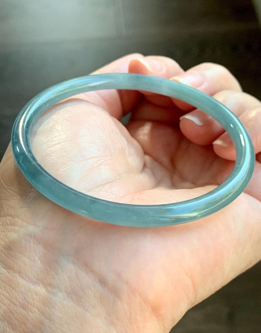 Certified Natural Grade A Guatemalan Icy Translucent Light Dusty Teal Blue Jade Jadeite Bangle 60.56mm 7.48” 16.68g 天然冰危浅蓝翡翠圆条手镯 8763
