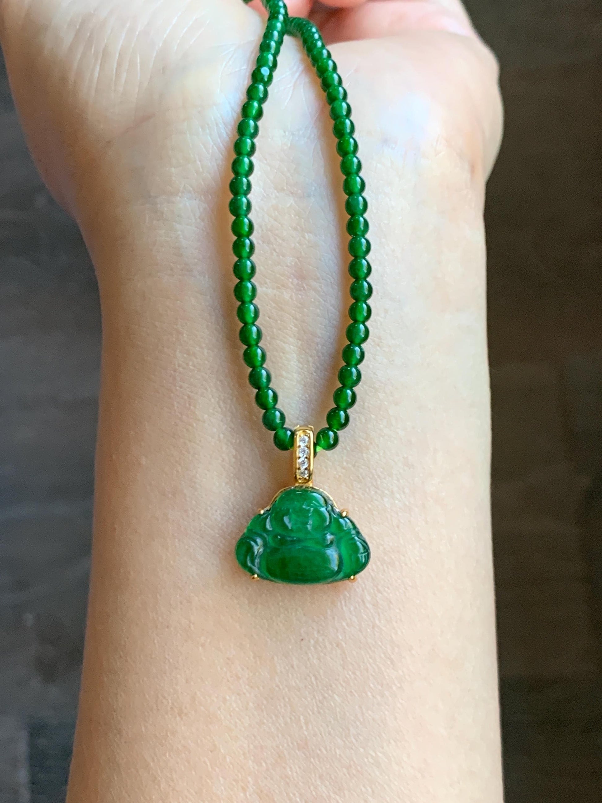 Natural Grade A Guatemalan Icy Translucent Vibrant Green Jade Jadeite Buddha Pendant Sterling Silver Gold Overlay 天然冰危绿翡翠佛公镶嵌吊坠 WXF165
