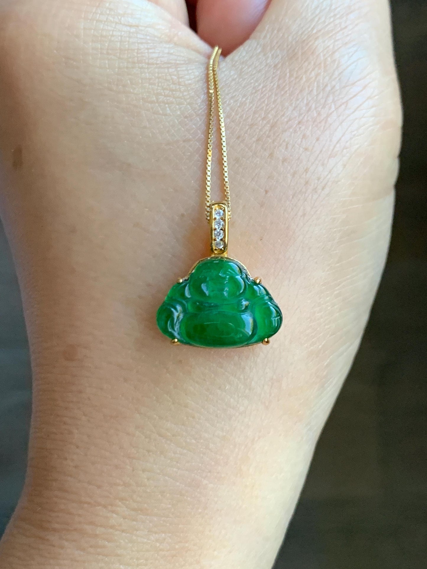 Natural Grade A Guatemalan Icy Translucent Vibrant Green Jade Jadeite Buddha Pendant Sterling Silver Gold Overlay 天然冰危绿翡翠佛公镶嵌吊坠 WXF165