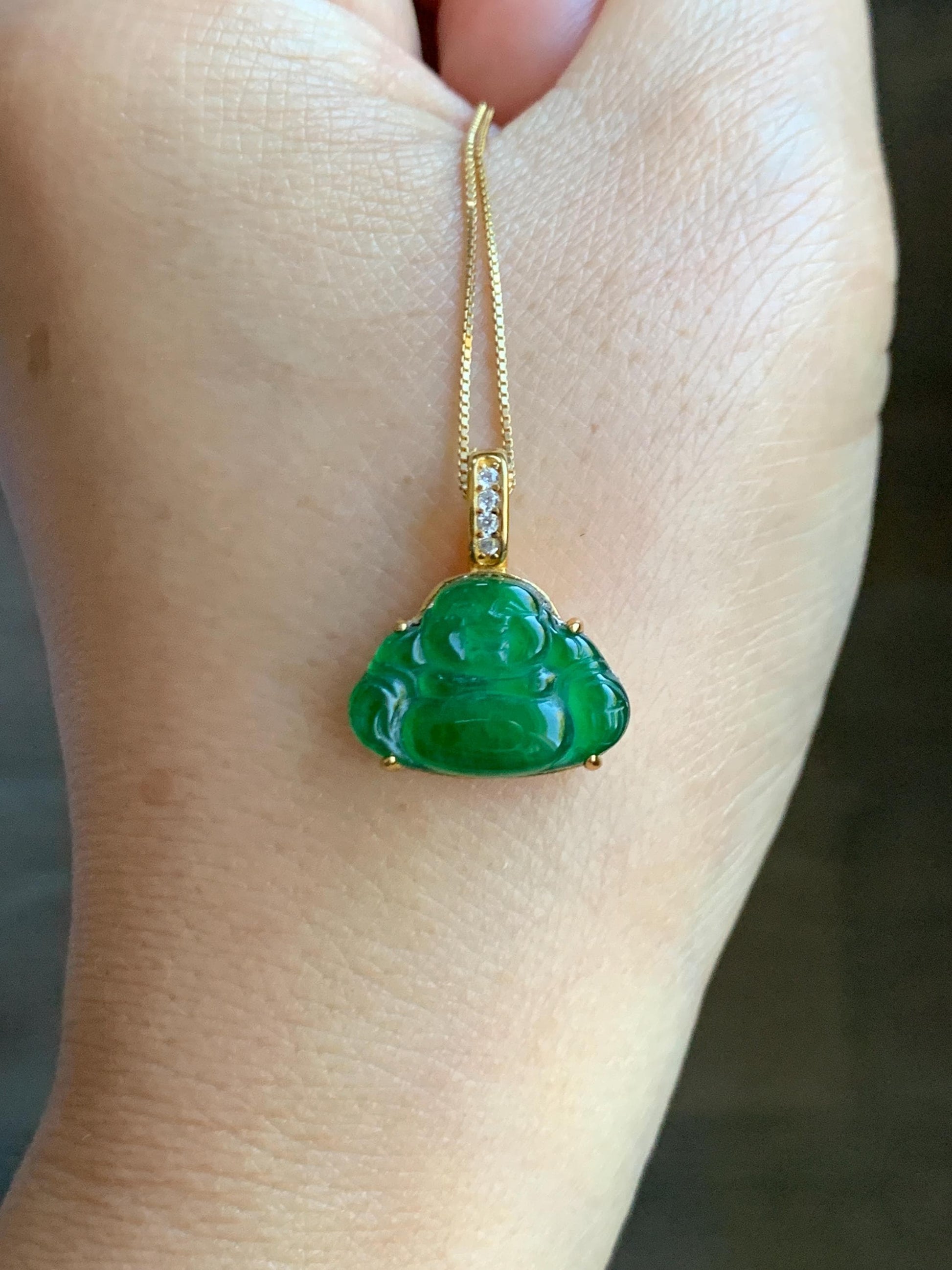 Natural Grade A Guatemalan Icy Translucent Vibrant Green Jade Jadeite Buddha Pendant Sterling Silver Gold Overlay 天然冰危绿翡翠佛公镶嵌吊坠 WXF165