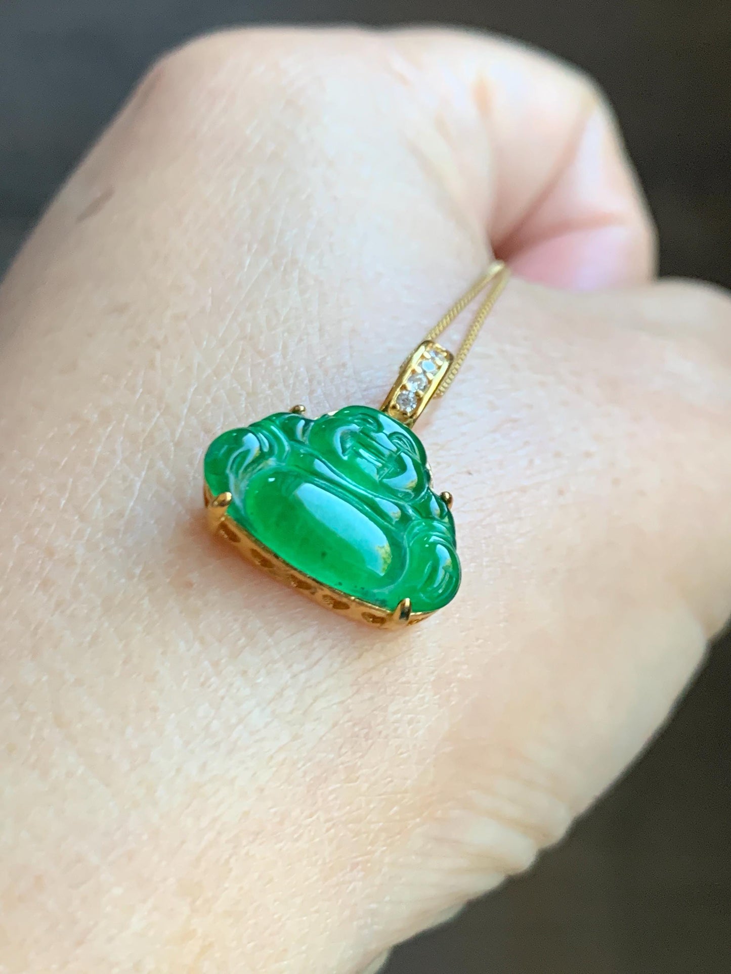 Natural Grade A Guatemalan Icy Translucent Vibrant Green Jade Jadeite Buddha Pendant Sterling Silver Gold Overlay 天然冰危绿翡翠佛公镶嵌吊坠 WXF165
