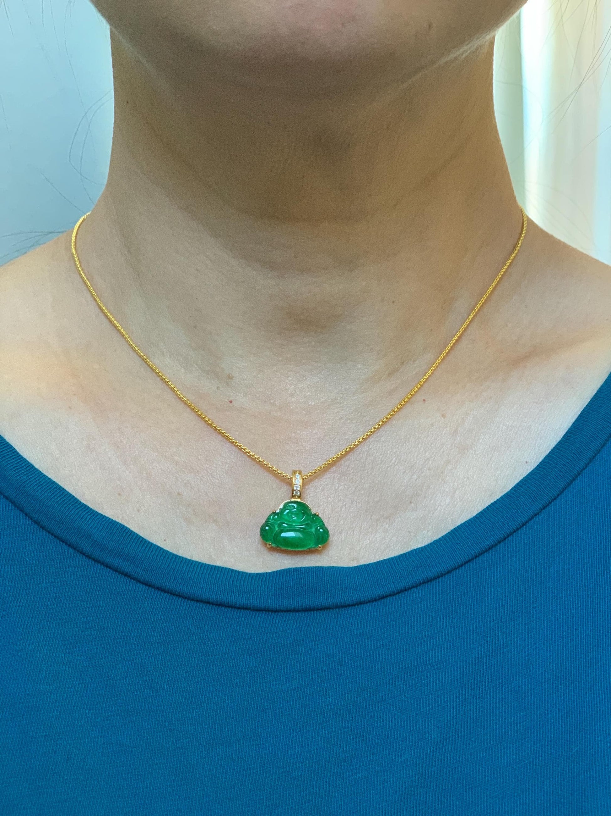 Natural Grade A Guatemalan Icy Translucent Vibrant Green Jade Jadeite Buddha Pendant Sterling Silver Gold Overlay 天然冰危绿翡翠佛公镶嵌吊坠 WXF165