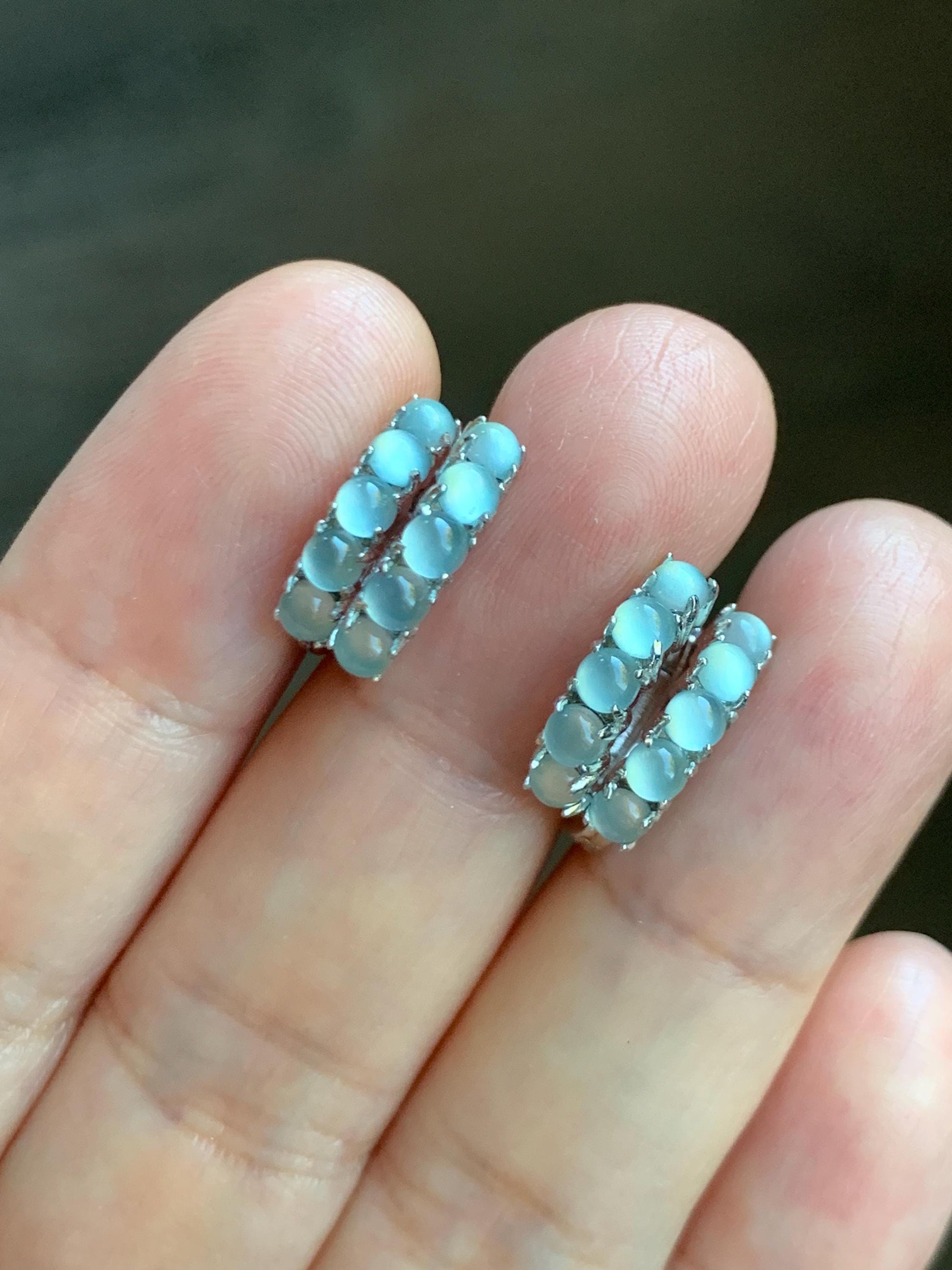 Natural Guatemalan Grade A Icy Highly Translucent Pastel Blue Jade Jadeite Small Hoop Huggie Earrings Sterling Silver 天然冰危淡蓝起光翡翠银镶耳包 LEB160