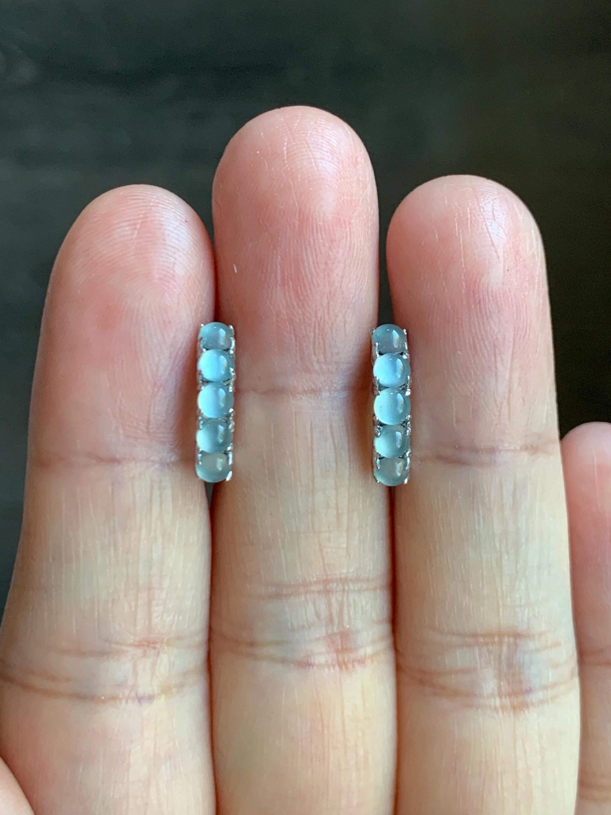 Natural Guatemalan Grade A Icy Highly Translucent Pastel Blue Jade Jadeite Small Hoop Huggie Earrings Sterling Silver 天然冰危淡蓝起光翡翠银镶耳包 LEB160