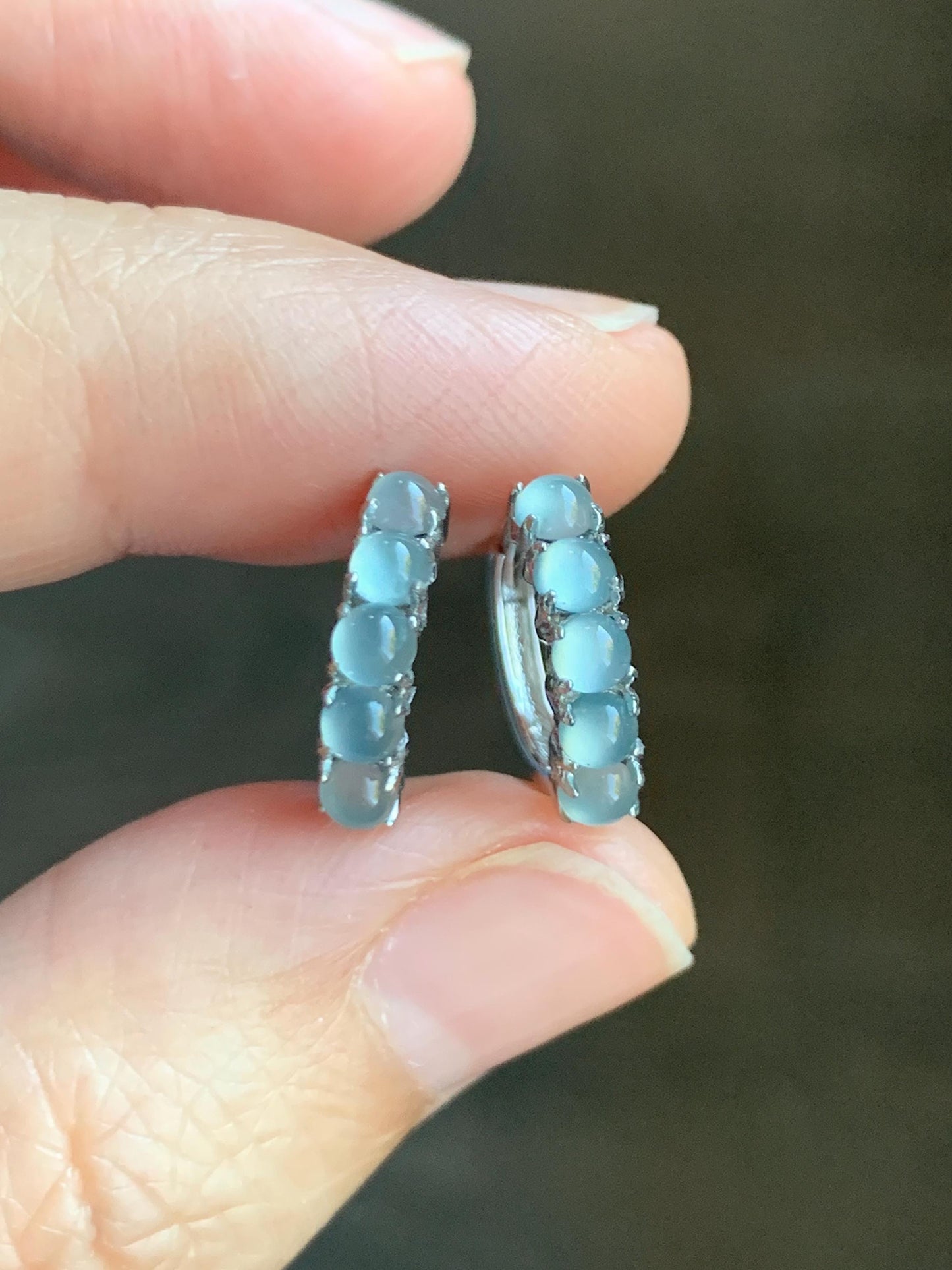 Natural Guatemalan Grade A Icy Highly Translucent Pastel Blue Jade Jadeite Small Hoop Huggie Earrings Sterling Silver 天然冰危淡蓝起光翡翠银镶耳包 LEB160