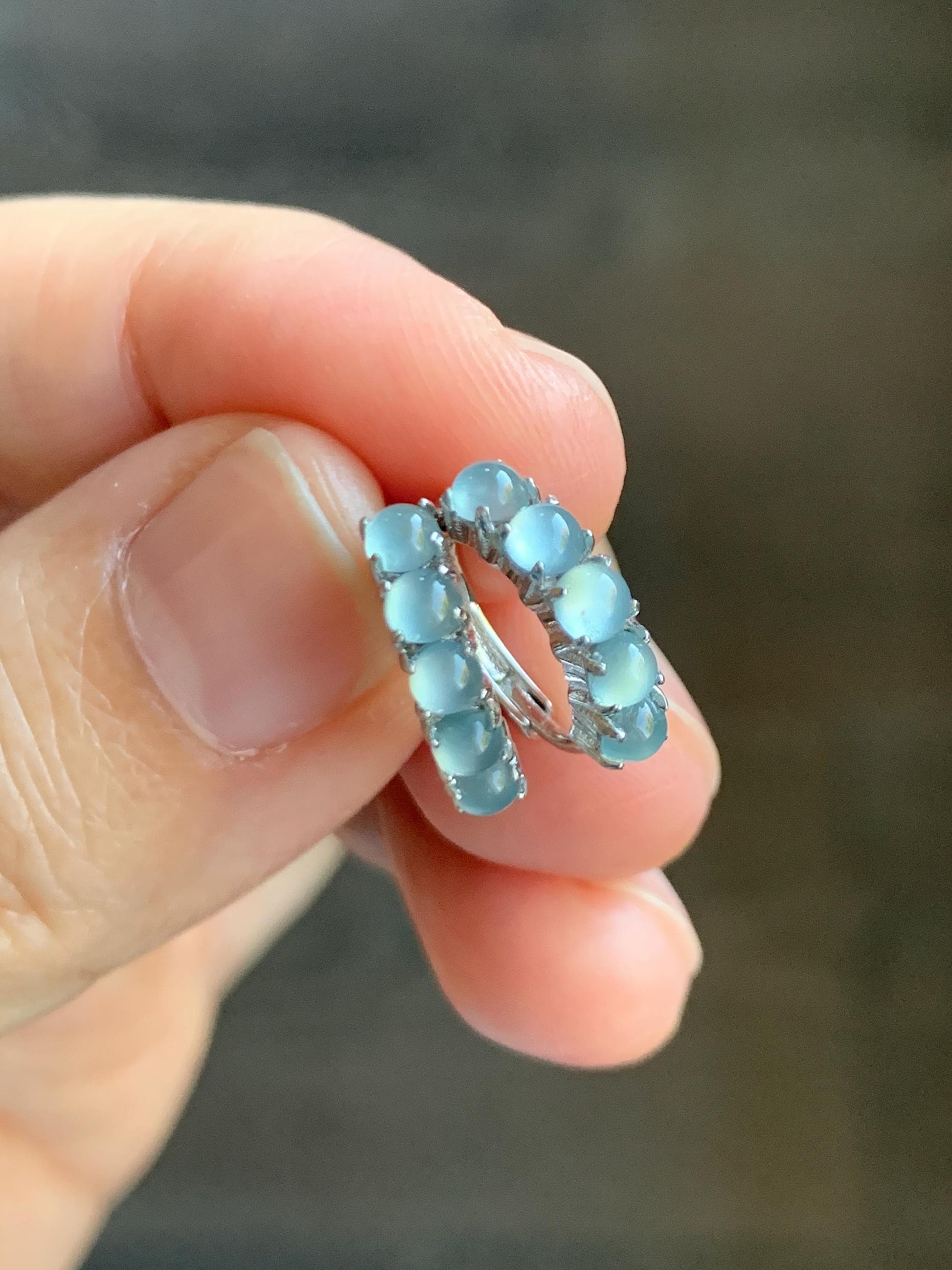 Natural Guatemalan Grade A Icy Highly Translucent Pastel Blue Jade Jadeite Small Hoop Huggie Earrings Sterling Silver 天然冰危淡蓝起光翡翠银镶耳包 LEB160