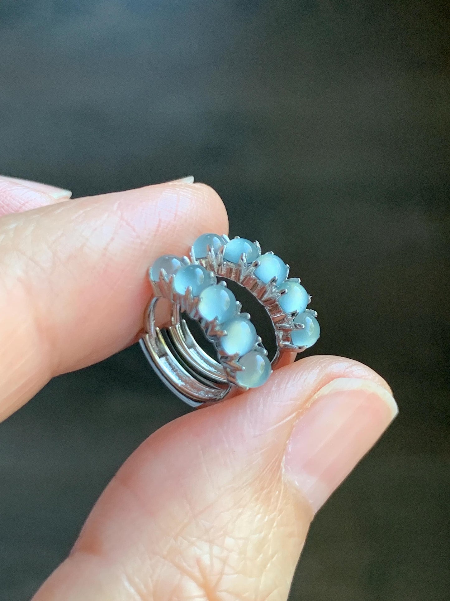 Natural Guatemalan Grade A Icy Highly Translucent Pastel Blue Jade Jadeite Small Hoop Huggie Earrings Sterling Silver 天然冰危淡蓝起光翡翠银镶耳包 LEB160