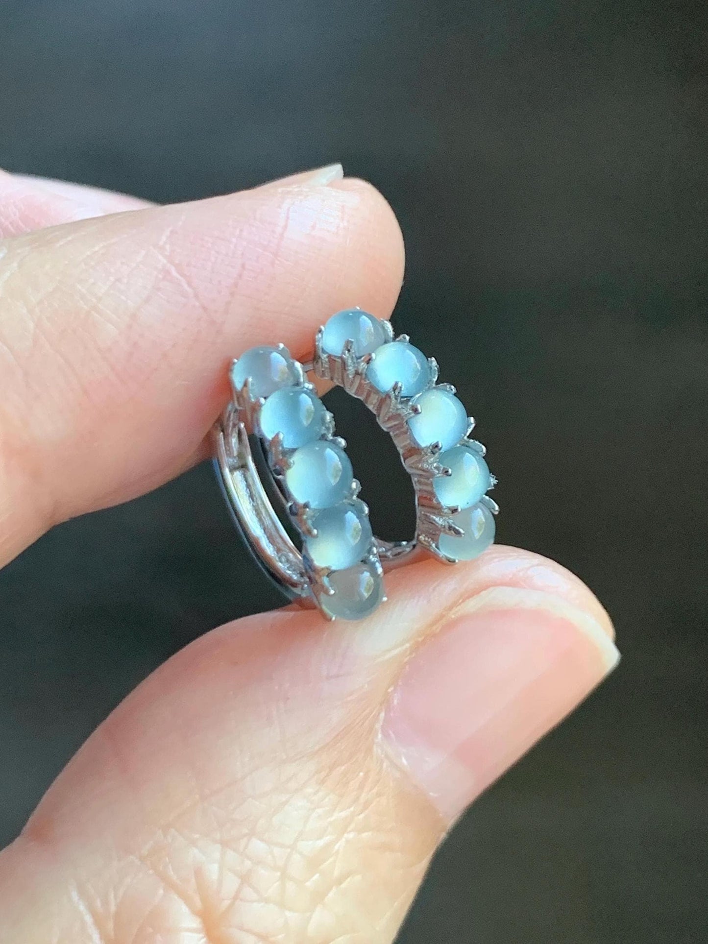 Natural Guatemalan Grade A Icy Highly Translucent Pastel Blue Jade Jadeite Small Hoop Huggie Earrings Sterling Silver 天然冰危淡蓝起光翡翠银镶耳包 LEB160