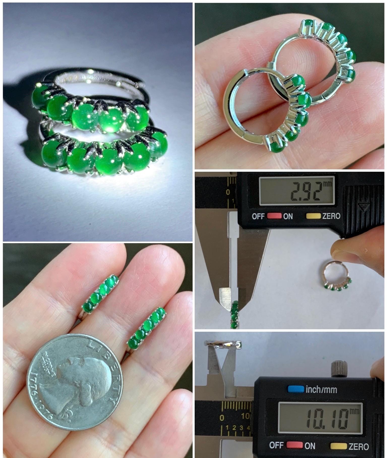 Natural Guatemalan Grade A Icy Highly Translucent Vibrant Green Jade Jadeite Hoop Huggie Earrings Sterling Silver 天然冰危绿起光翡翠银镶耳包 LEB160A