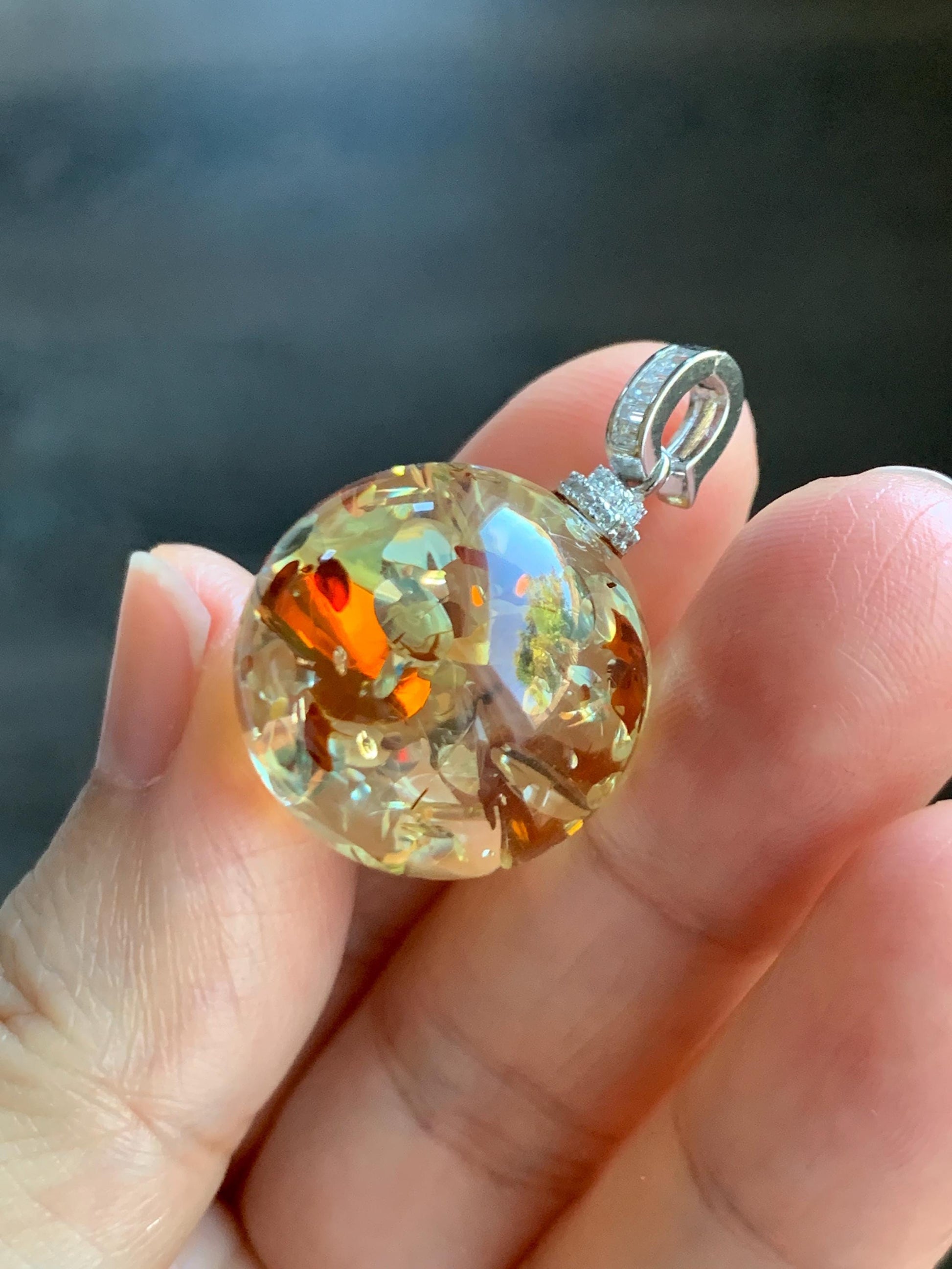 Natural Genuine Untreatrd Fossilized Tree Resin Large Sphere Solitaire Pendant Sterling Silver 20.4mm 5g HPZ283 天然花珀大圆珠吊坠珍珠扣