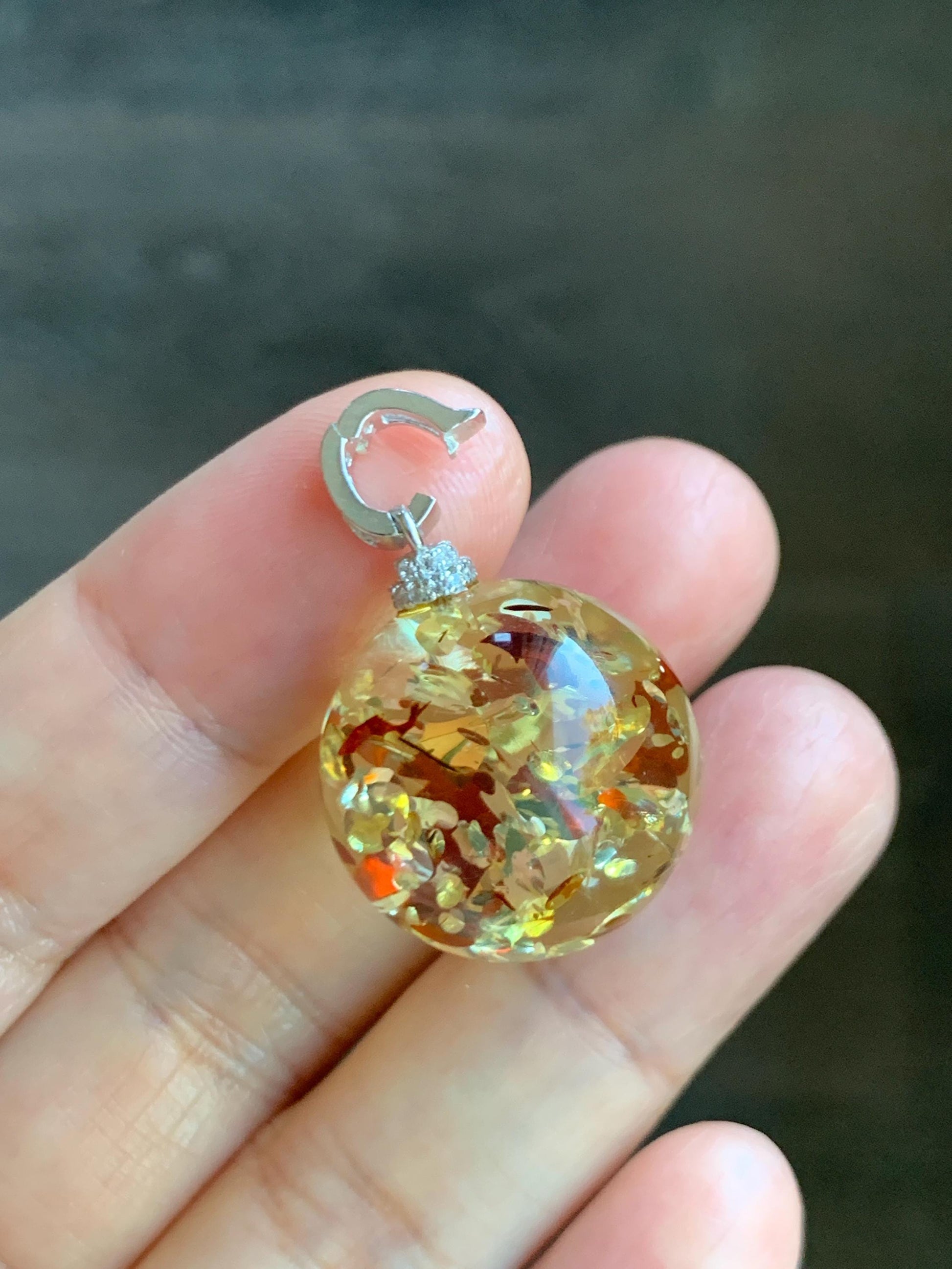 Natural Genuine Untreatrd Fossilized Tree Resin Large Sphere Solitaire Pendant Sterling Silver 20.4mm 5g HPZ283 天然花珀大圆珠吊坠珍珠扣