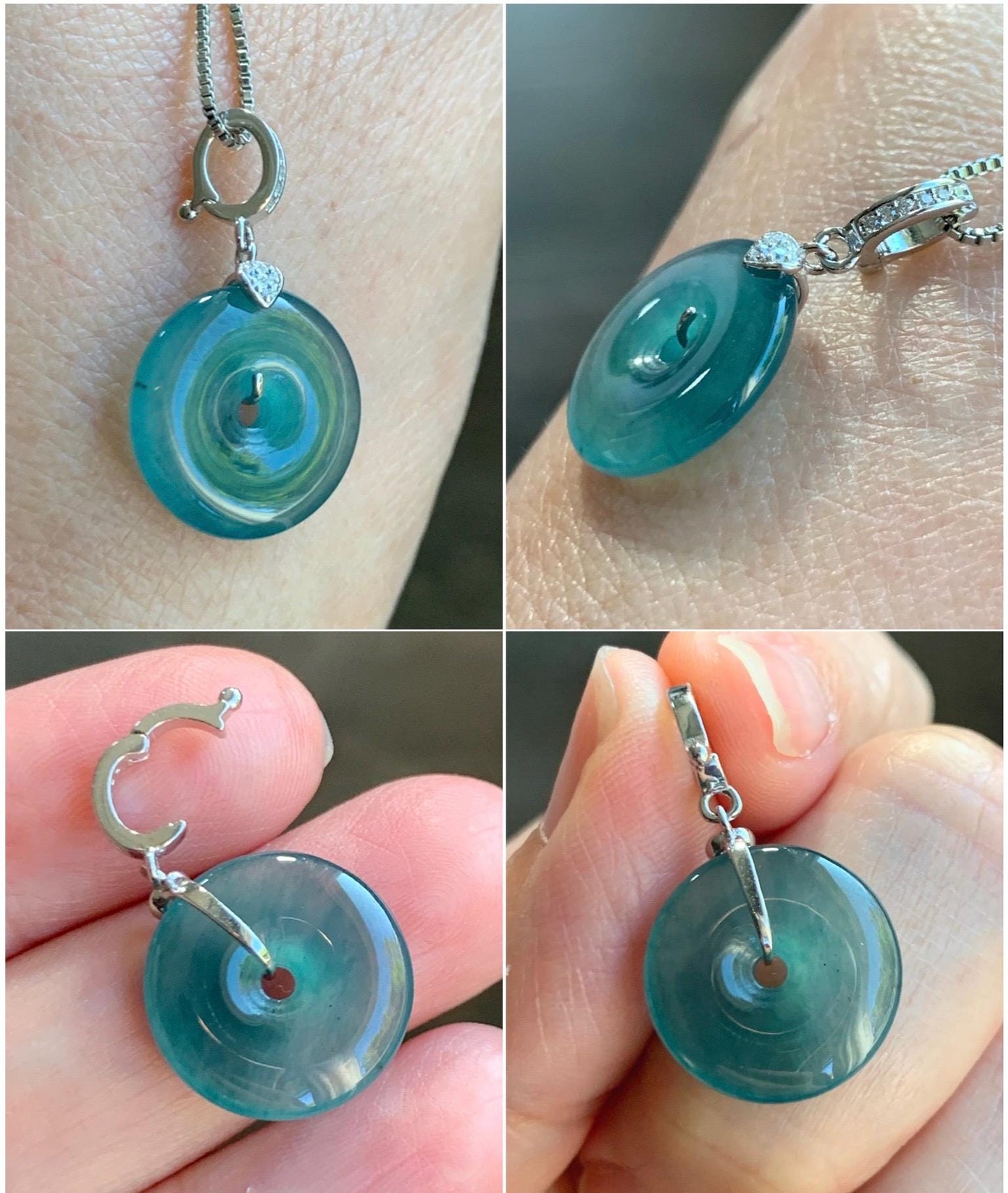 Natural Guatemalan Icy Highly Translucent Teal Green Jade Jadeite Ping An Kou Donut Charm Pendant Sterling Silver 天然冰危蓝绿翡翠平安扣吊坠 WPW110A