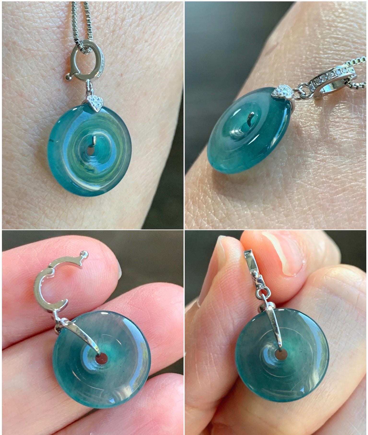 Natural Guatemalan Icy Highly Translucent Teal Green Jade Jadeite Ping An Kou Donut Charm Pendant Sterling Silver 天然冰危蓝绿翡翠平安扣吊坠 WPW110A