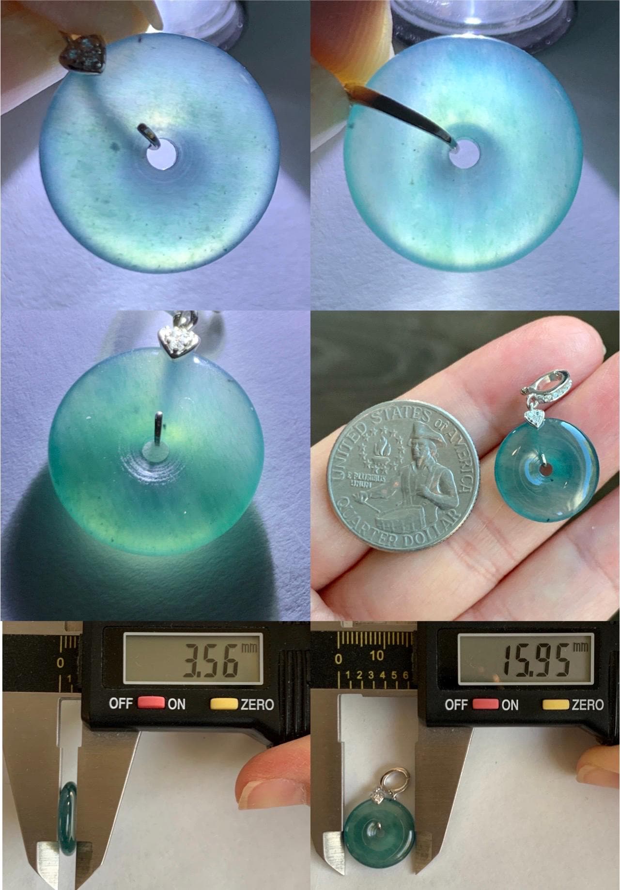 Natural Guatemalan Icy Highly Translucent Teal Green Jade Jadeite Ping An Kou Donut Charm Pendant Sterling Silver 天然冰危蓝绿翡翠平安扣吊坠 WPW110A