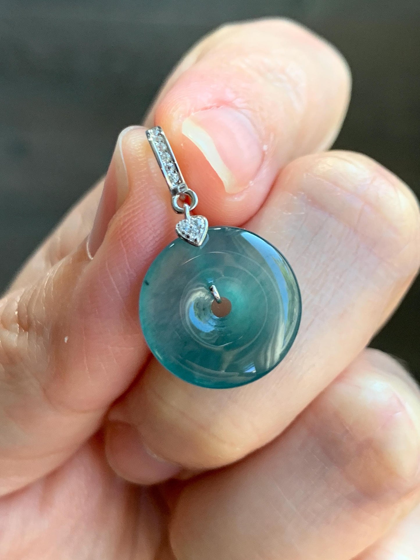 Natural Guatemalan Icy Highly Translucent Teal Green Jade Jadeite Ping An Kou Donut Charm Pendant Sterling Silver 天然冰危蓝绿翡翠平安扣吊坠 WPW110A
