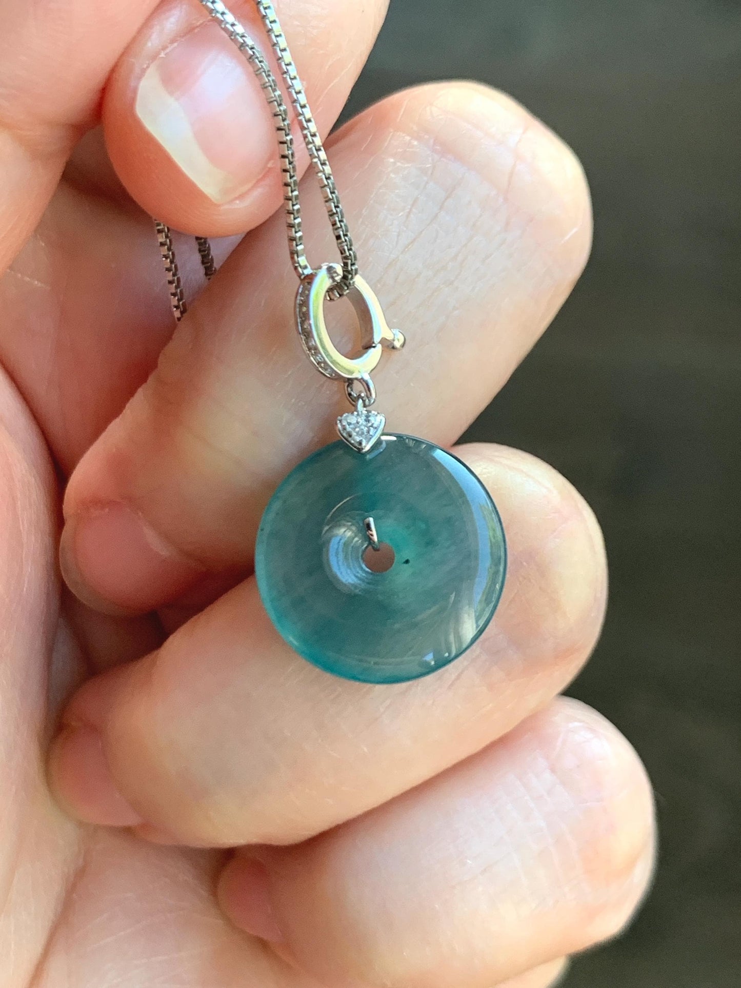 Natural Guatemalan Icy Highly Translucent Teal Green Jade Jadeite Ping An Kou Donut Charm Pendant Sterling Silver 天然冰危蓝绿翡翠平安扣吊坠 WPW110A