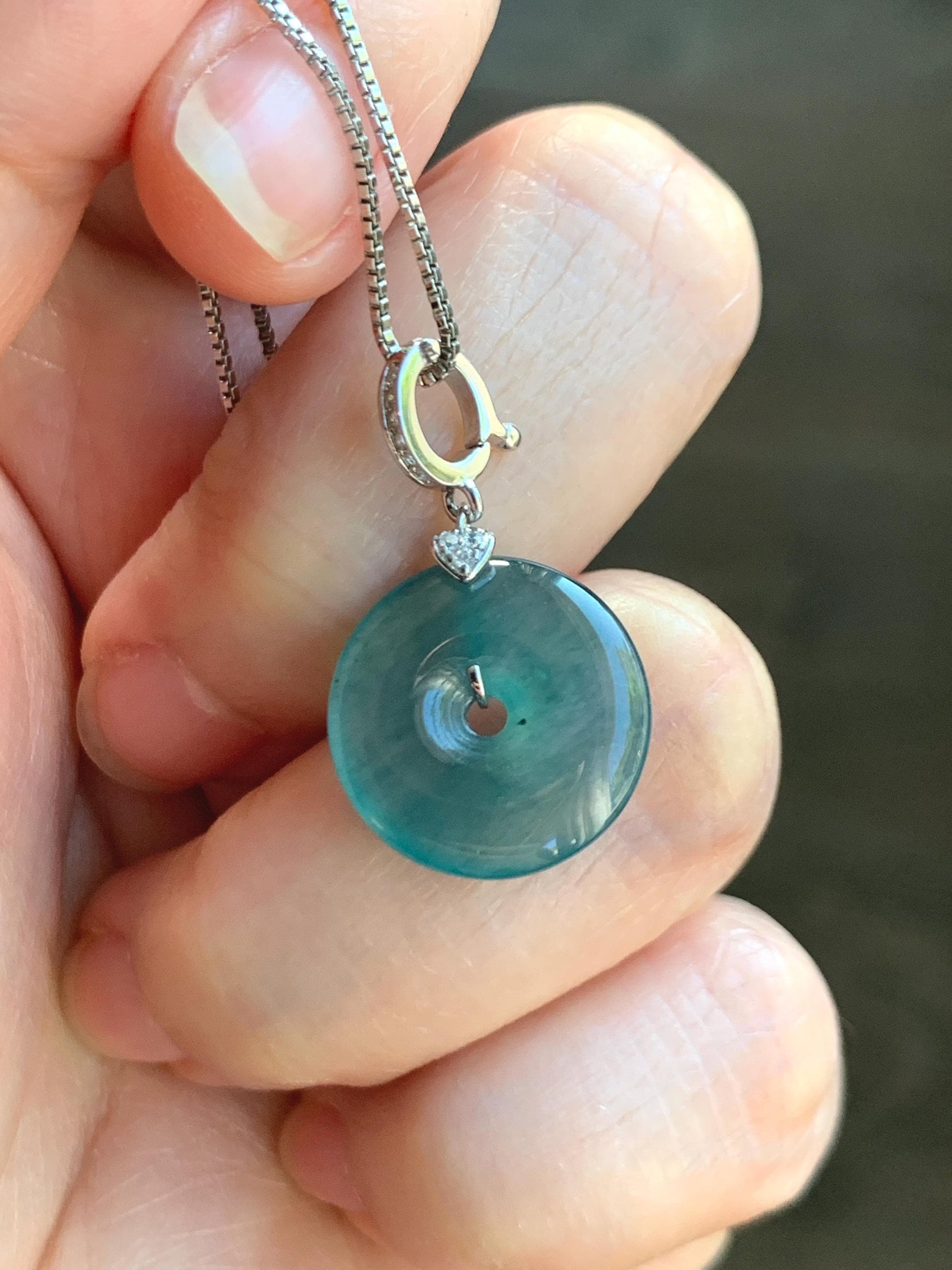 Natural Guatemalan Icy Highly Translucent Teal Green Jade Jadeite Ping An Kou Donut Charm Pendant Sterling Silver 天然冰危蓝绿翡翠平安扣吊坠 WPW110A