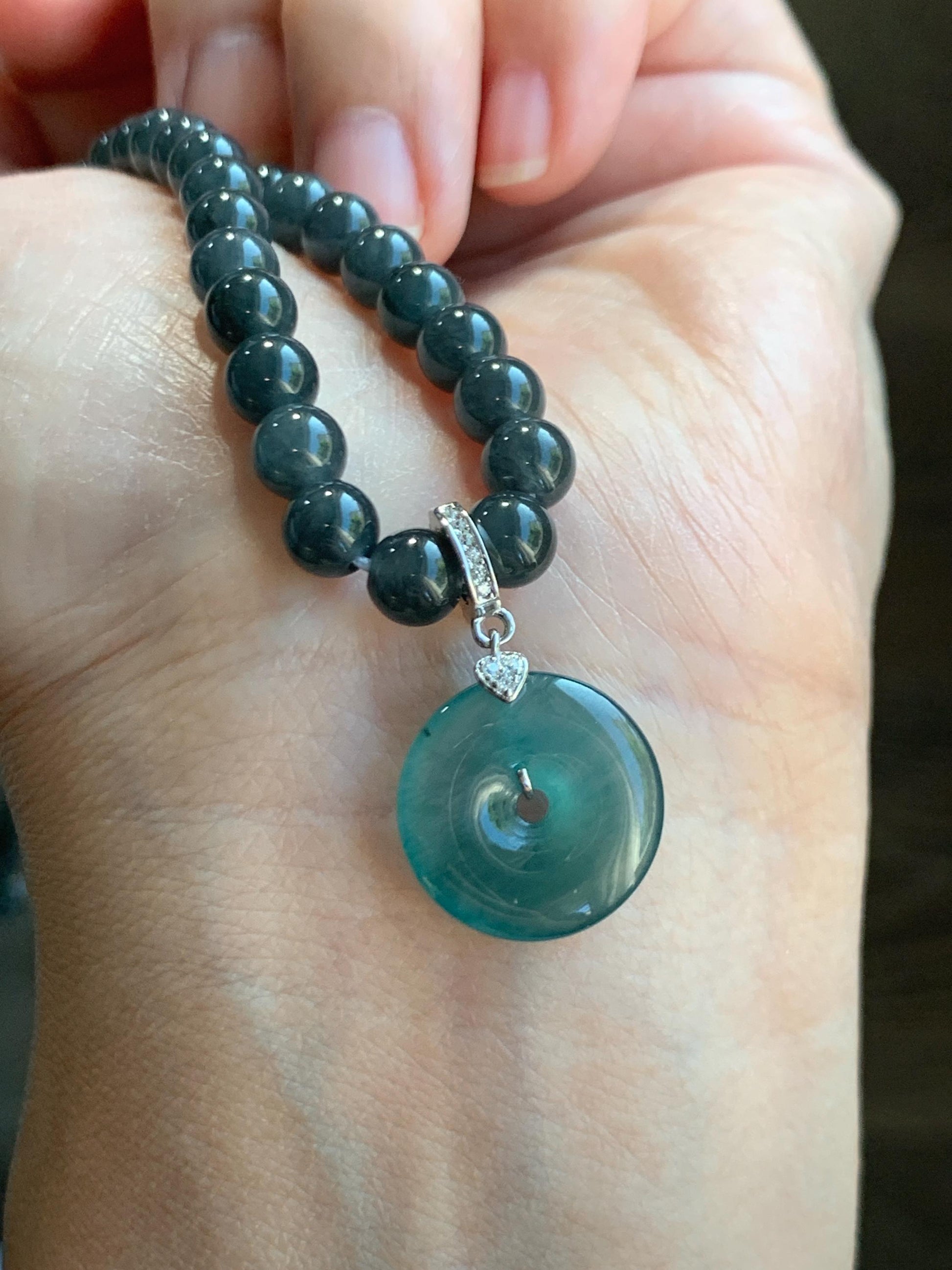 Natural Guatemalan Icy Highly Translucent Teal Green Jade Jadeite Ping An Kou Donut Charm Pendant Sterling Silver 天然冰危蓝绿翡翠平安扣吊坠 WPW110A