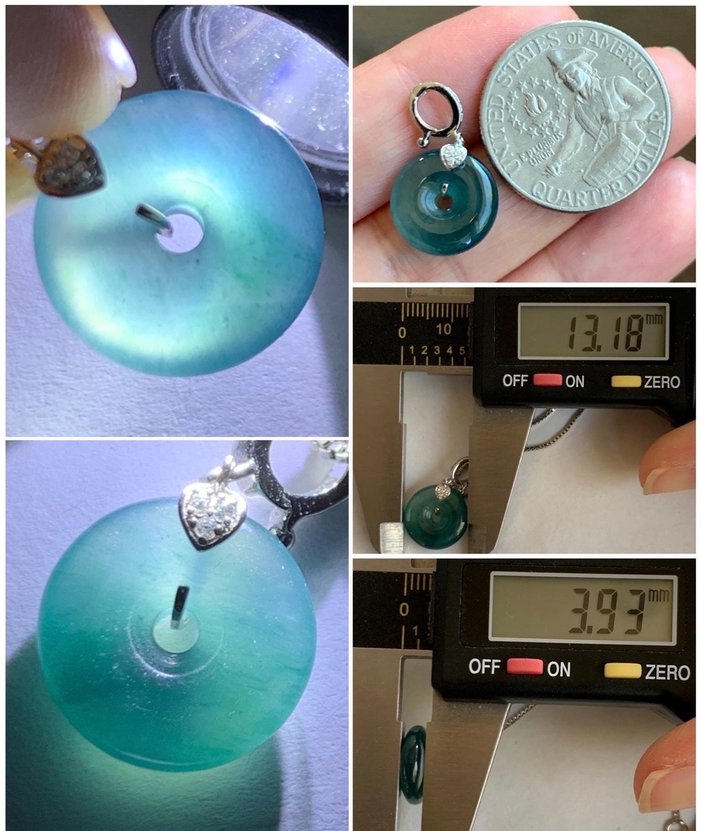 Natural Guatemalan Icy Highly Translucent Teal Blue Jade Jadeite Ping An Kou Donut Charm Pendant Sterling Silver 天然冰危蓝绿翡翠平安扣吊坠 WPW110B
