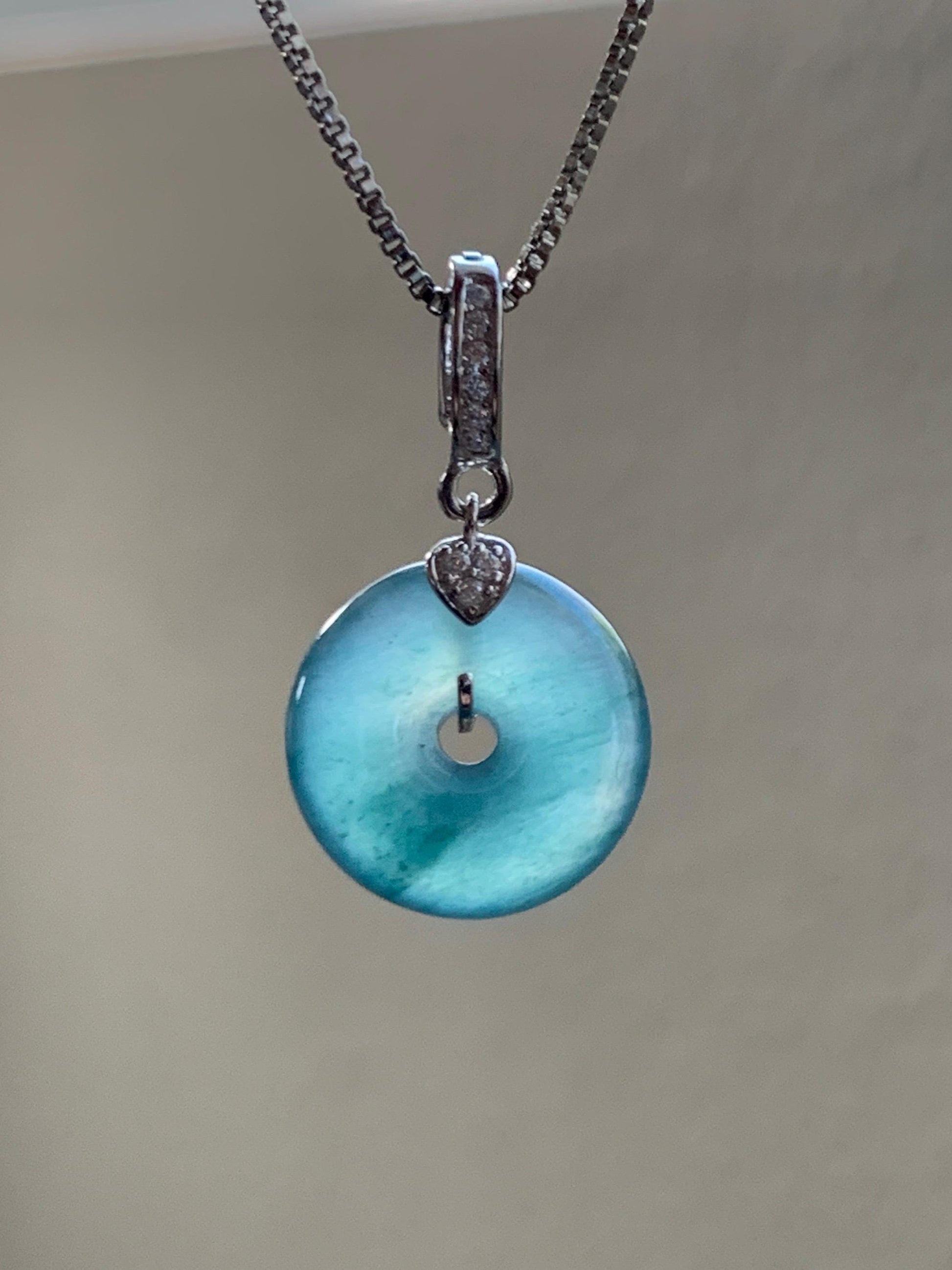 Natural Guatemalan Icy Highly Translucent Teal Blue Jade Jadeite Ping An Kou Donut Charm Pendant Sterling Silver 天然冰危蓝绿翡翠平安扣吊坠 WPW110B