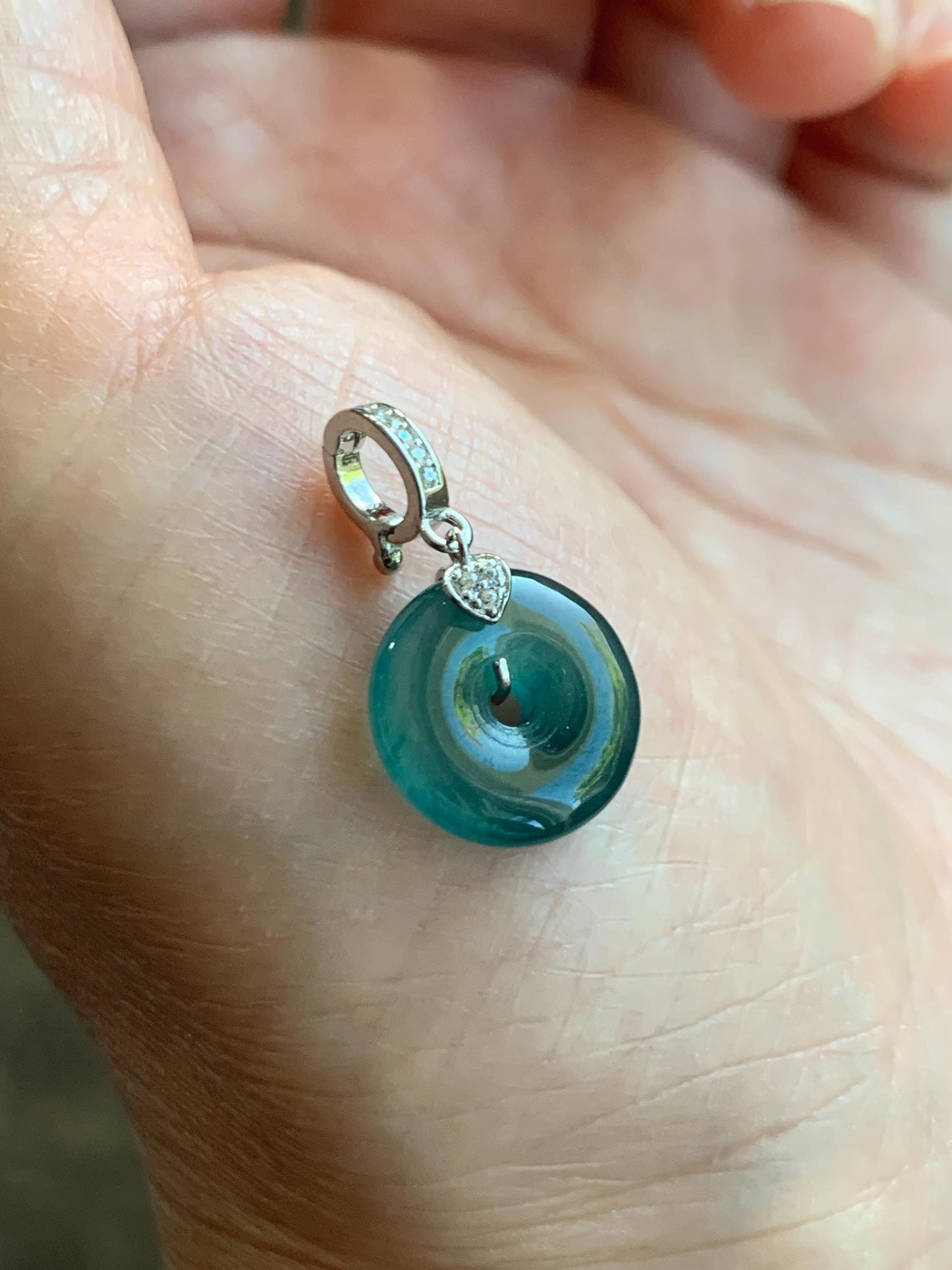 Natural Guatemalan Icy Highly Translucent Teal Blue Jade Jadeite Ping An Kou Donut Charm Pendant Sterling Silver 天然冰危蓝绿翡翠平安扣吊坠 WPW110B
