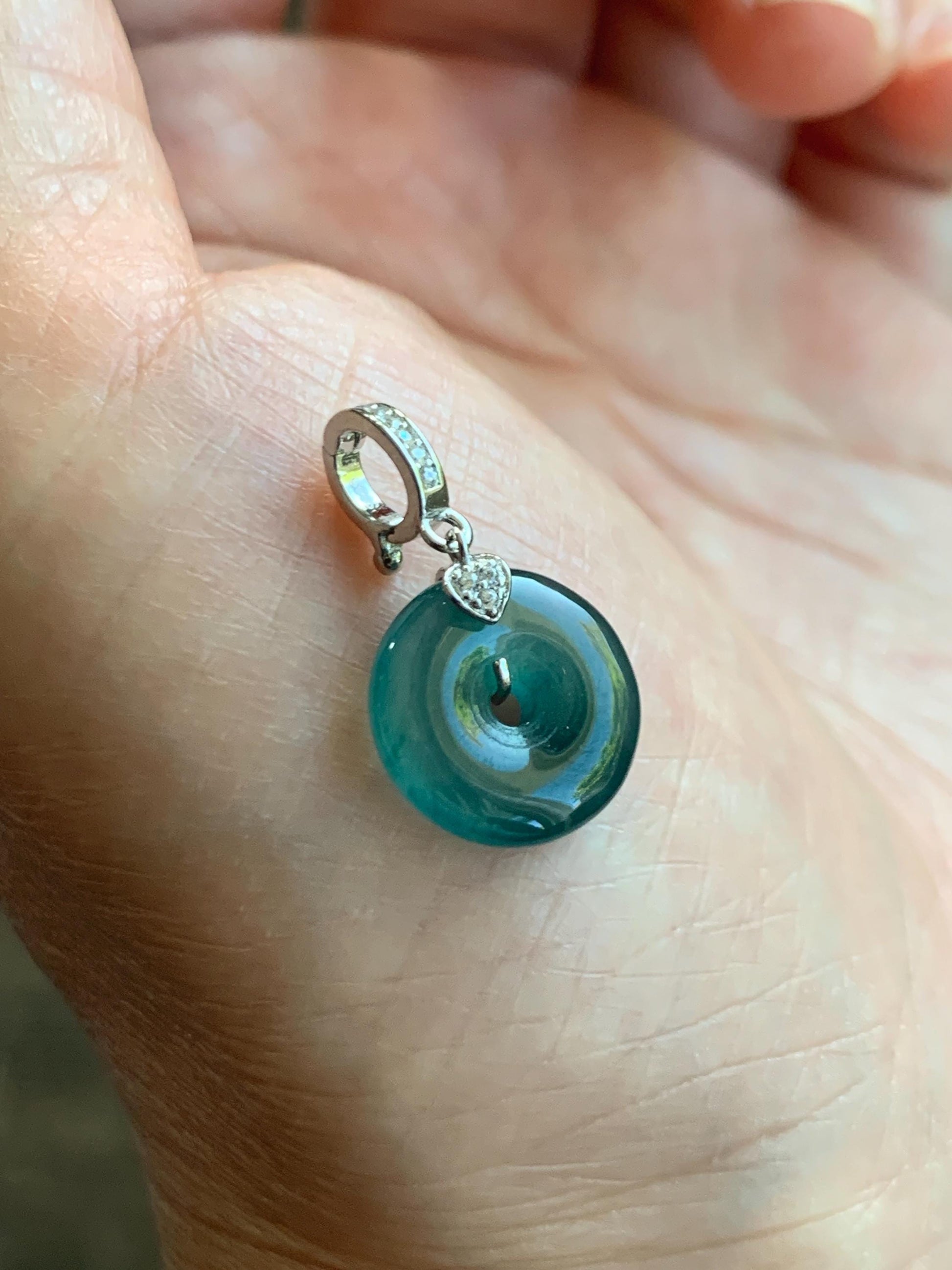 Natural Guatemalan Icy Highly Translucent Teal Blue Jade Jadeite Ping An Kou Donut Charm Pendant Sterling Silver 天然冰危蓝绿翡翠平安扣吊坠 WPW110B