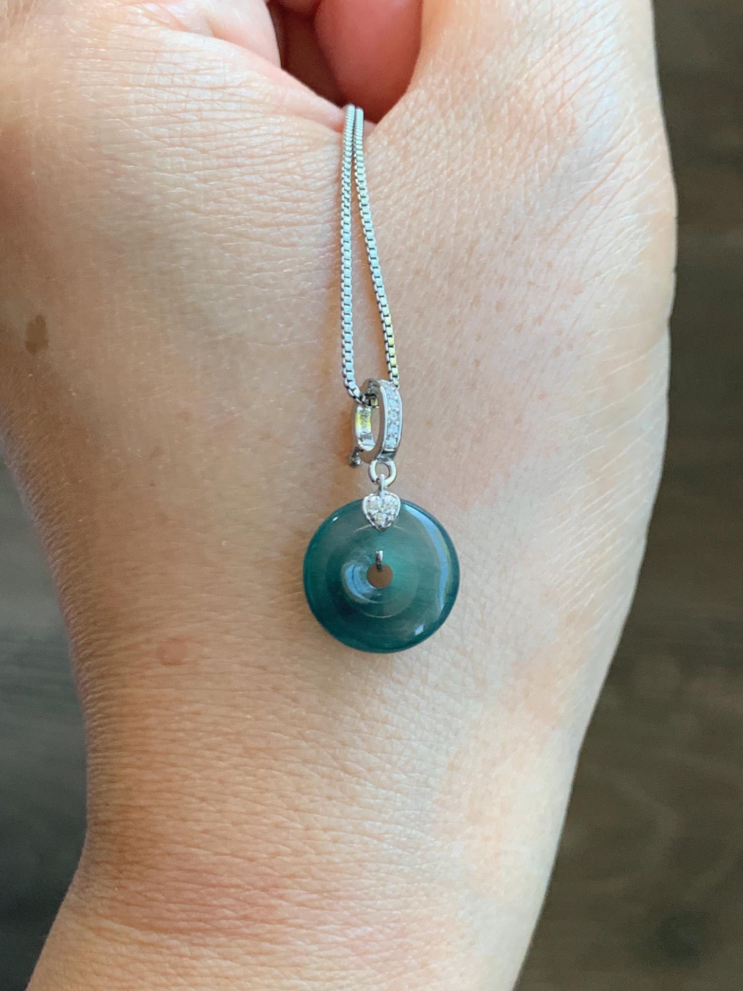 Natural Guatemalan Icy Highly Translucent Teal Blue Jade Jadeite Ping An Kou Donut Charm Pendant Sterling Silver 天然冰危蓝绿翡翠平安扣吊坠 WPW110B