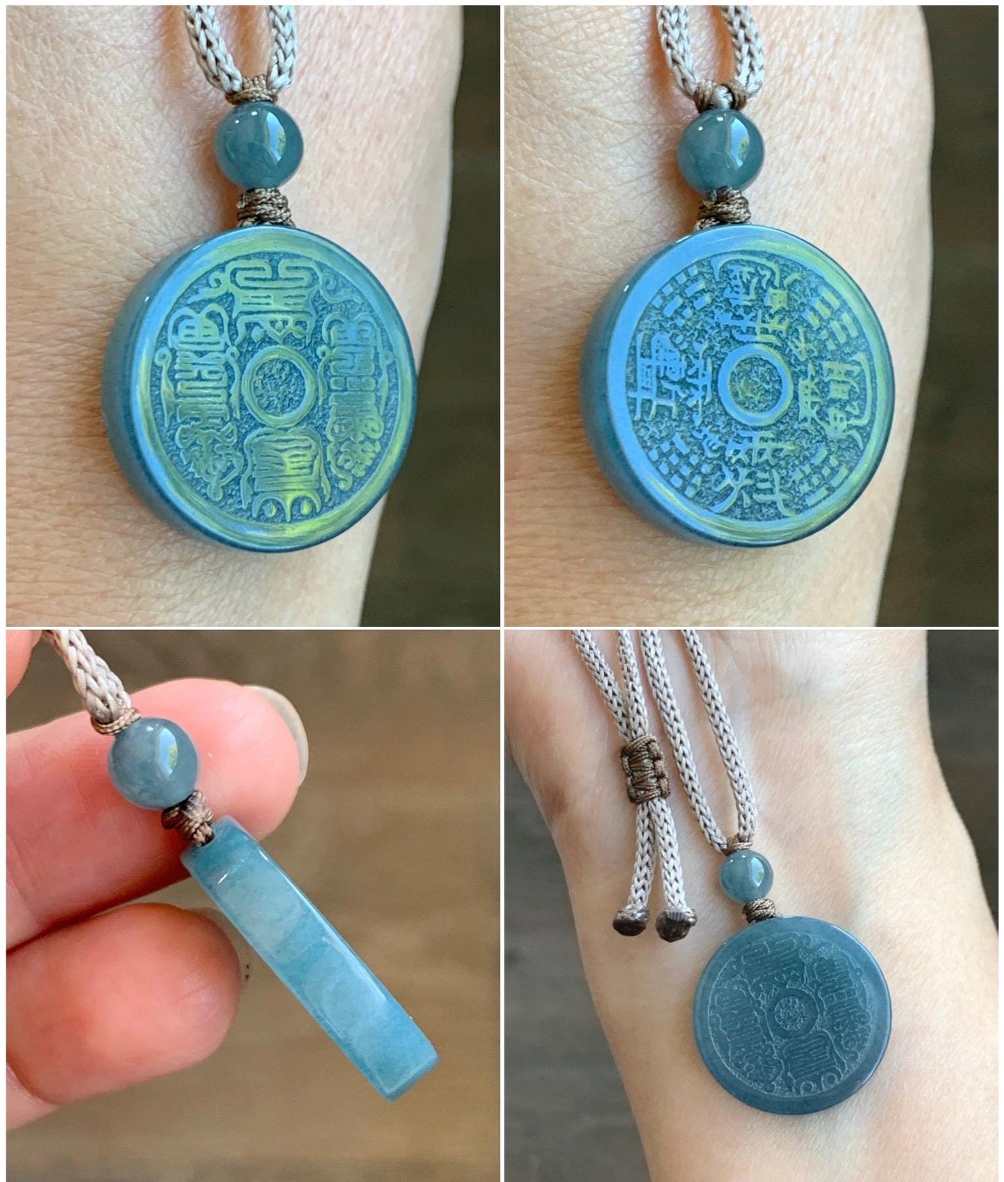 Natural Grade A Guatemalan Icy Translucent Blueberry Jade Jadeite Mountain Ghost Ziwei Mantra Coin Pendant Rope Necklace 天然冰危蓝莓紫翡翠山鬼紫薇讳币吊坠