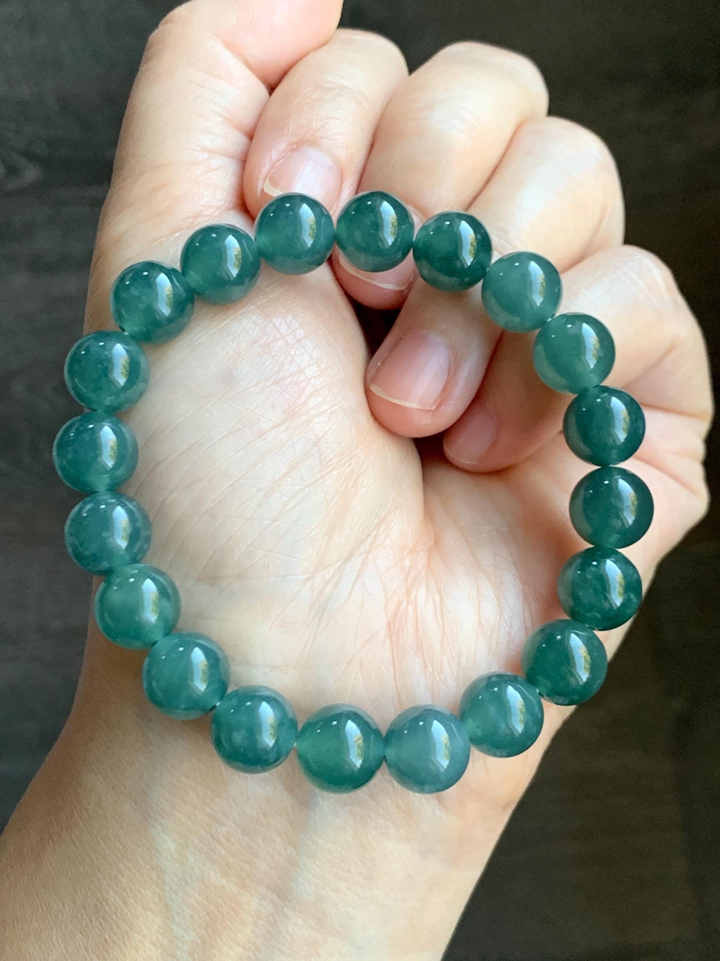 Natural Guatemalan Grade A Icy Translucent Dark Teal Blue Jade Jadeite Beaded Bracelet Stretchy 9.8mm 7.25” 33g 天然冰危深蓝绿翡翠圆珠手串 WLP180A