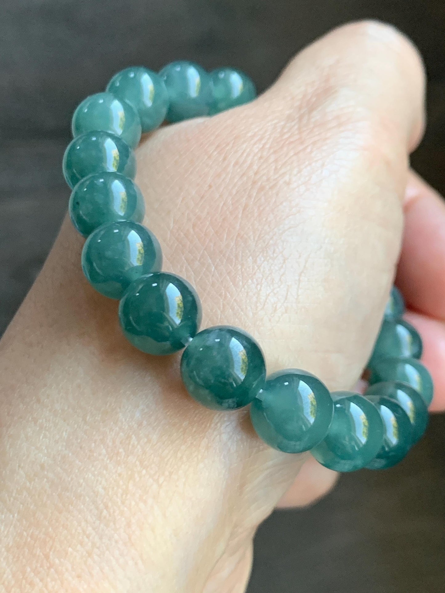 Natural Guatemalan Grade A Icy Translucent Dark Teal Blue Jade Jadeite Beaded Bracelet Stretchy 9.8mm 7.25” 33g 天然冰危深蓝绿翡翠圆珠手串 WLP180A