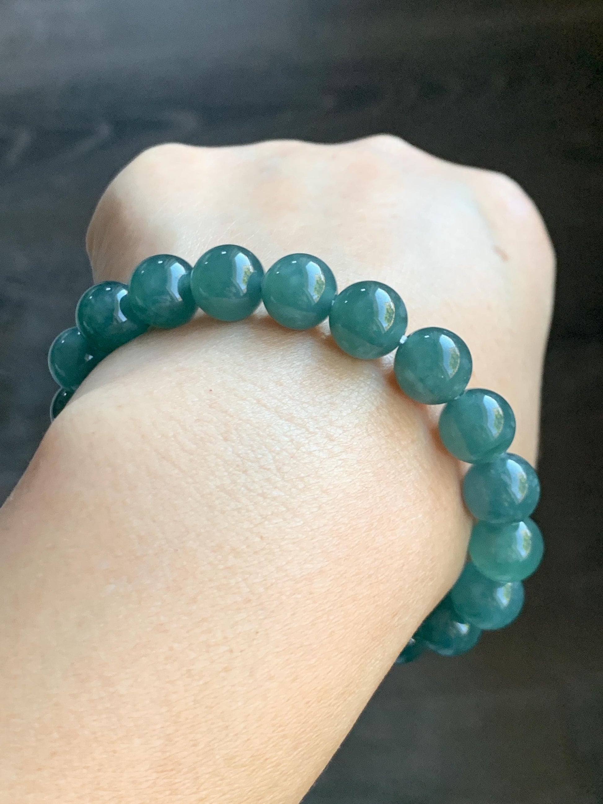 Natural Guatemalan Grade A Icy Translucent Dark Teal Blue Jade Jadeite Beaded Bracelet Stretchy 9.8mm 7.25” 33g 天然冰危深蓝绿翡翠圆珠手串 WLP180A