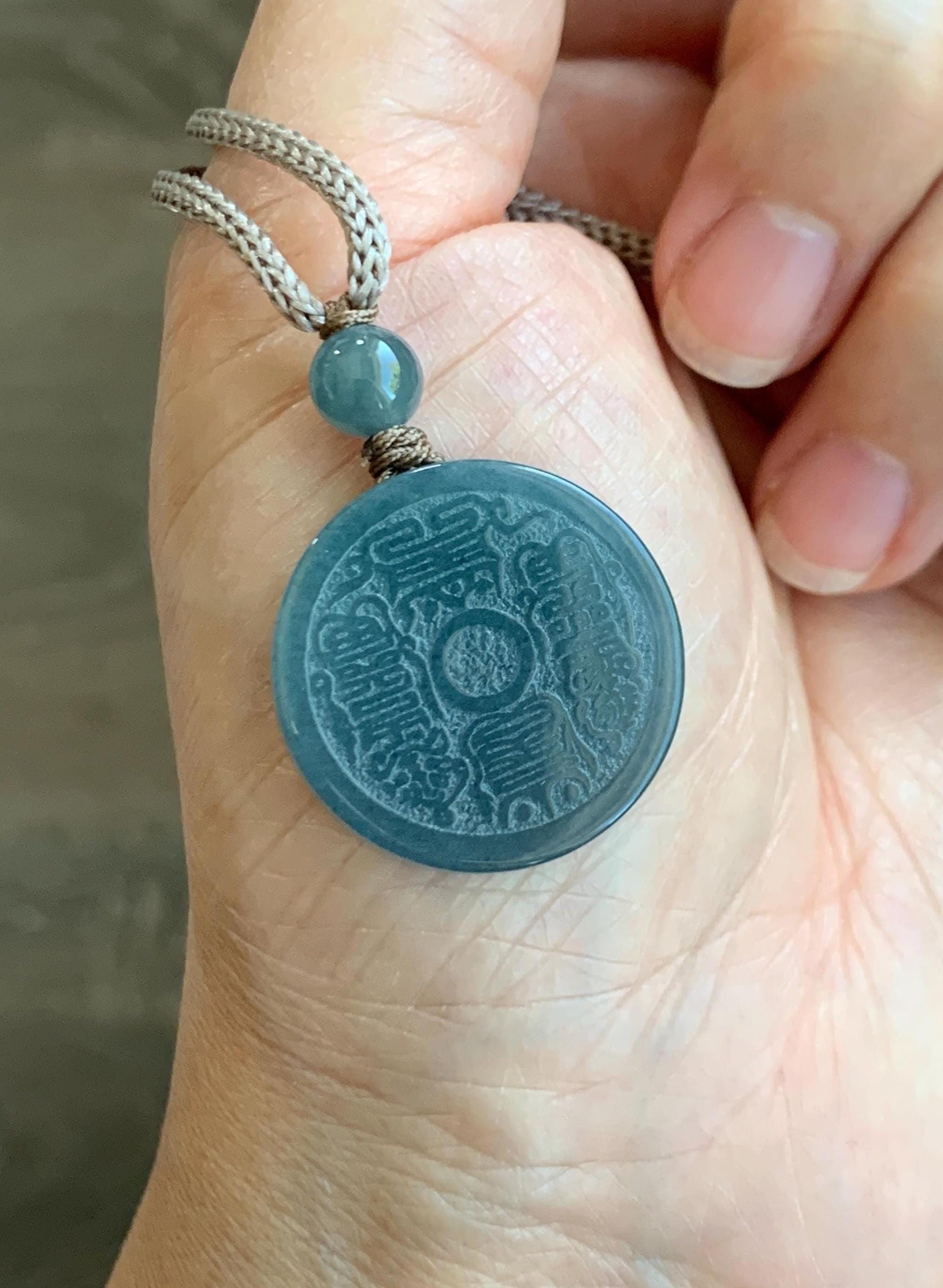 Natural Grade A Guatemalan Icy Translucent Blueberry Jade Jadeite Mountain Ghost Ziwei Mantra Coin Pendant Rope Necklace 天然冰危蓝莓紫翡翠山鬼紫薇讳币吊坠
