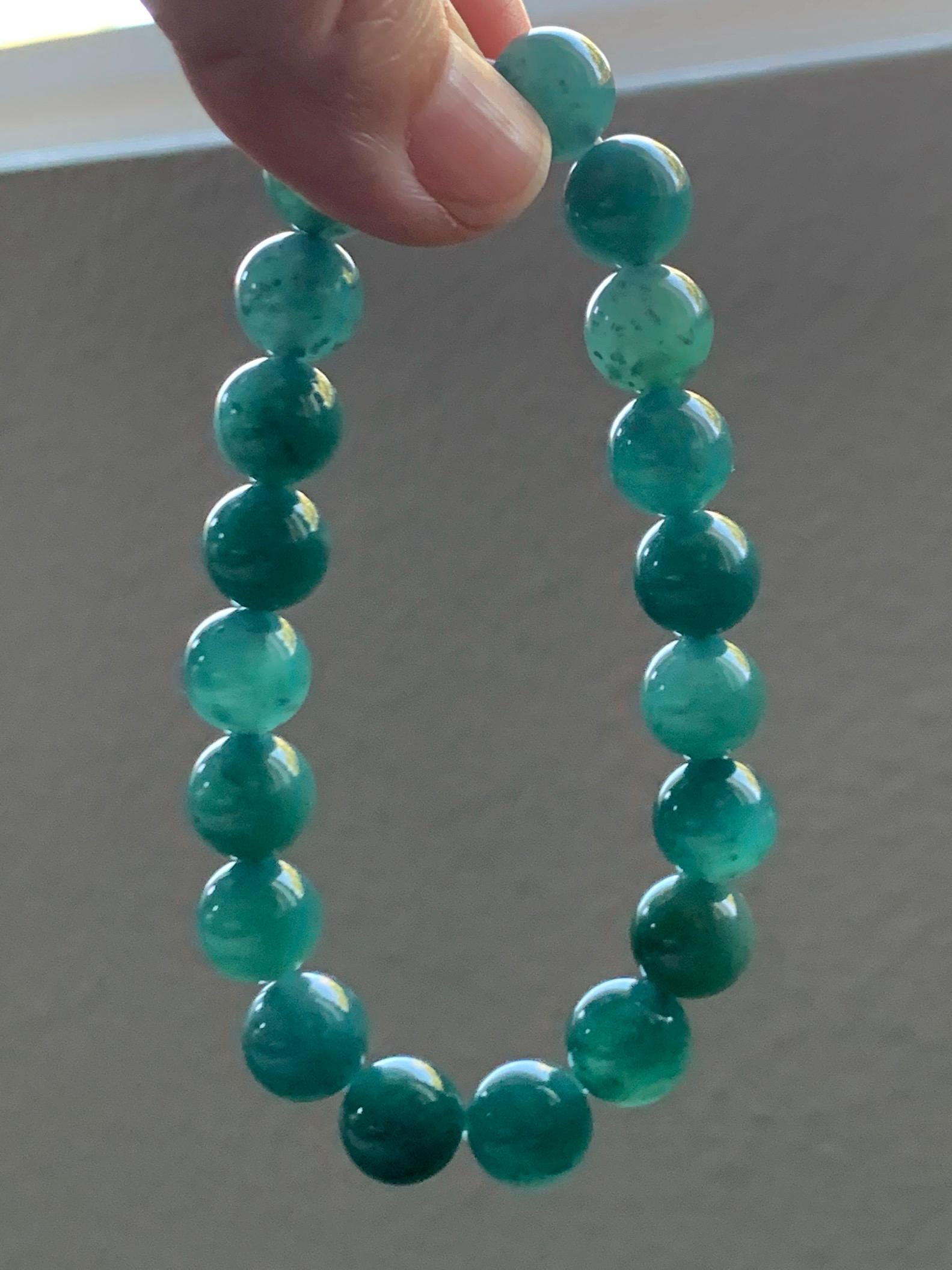 Natural Guatemalan Grade A Icy Translucent Dark Teal Green Jade Jadeite Beaded Bracelet Stretchy 9.8mm 7.25” 33g 天然冰危深蓝绿翡翠圆珠手串 WLP180B