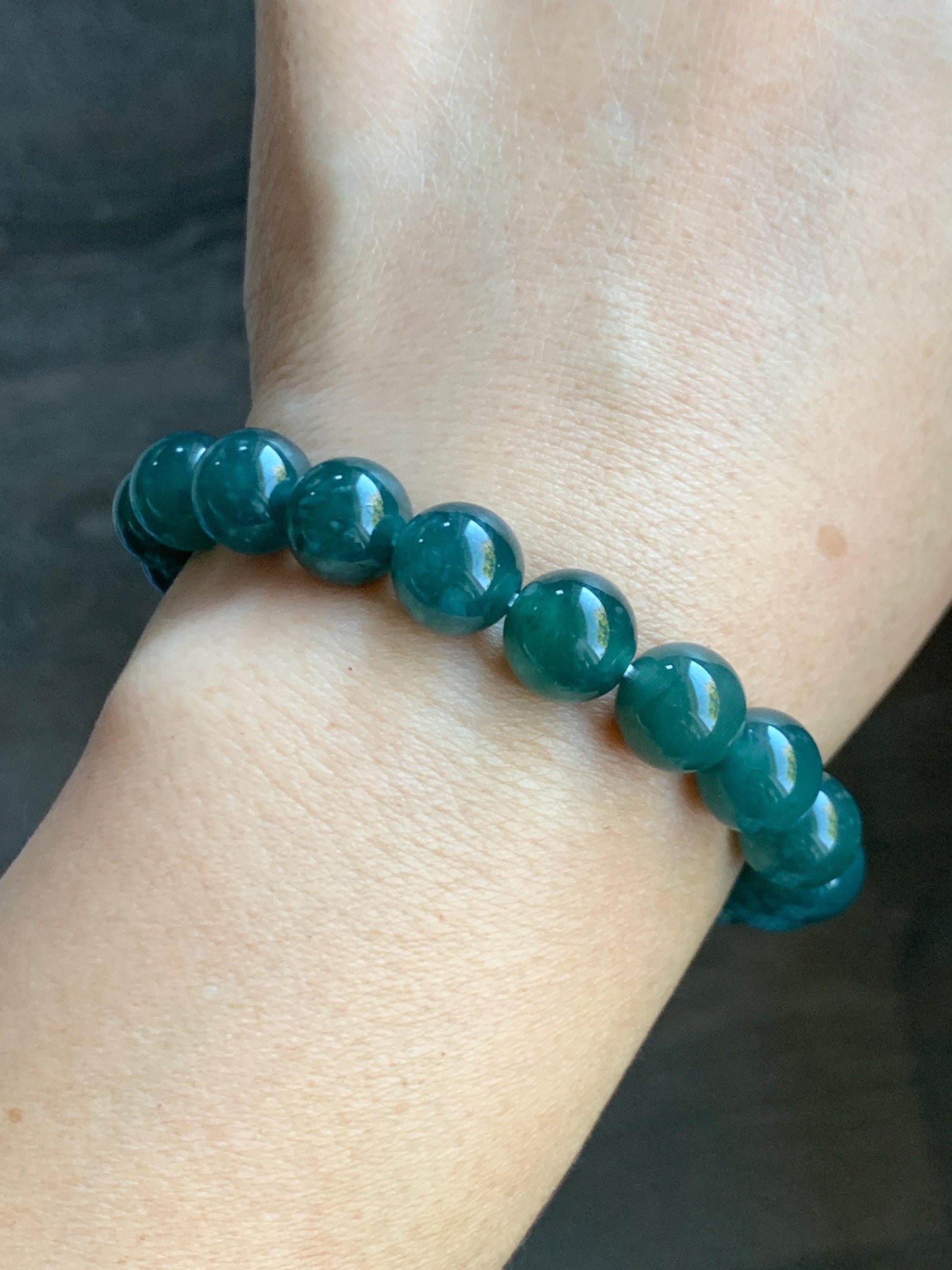 Natural Guatemalan Grade A Icy Translucent Dark Teal Green Jade Jadeite Beaded Bracelet Stretchy 9.8mm 7.25” 33g 天然冰危深蓝绿翡翠圆珠手串 WLP180B
