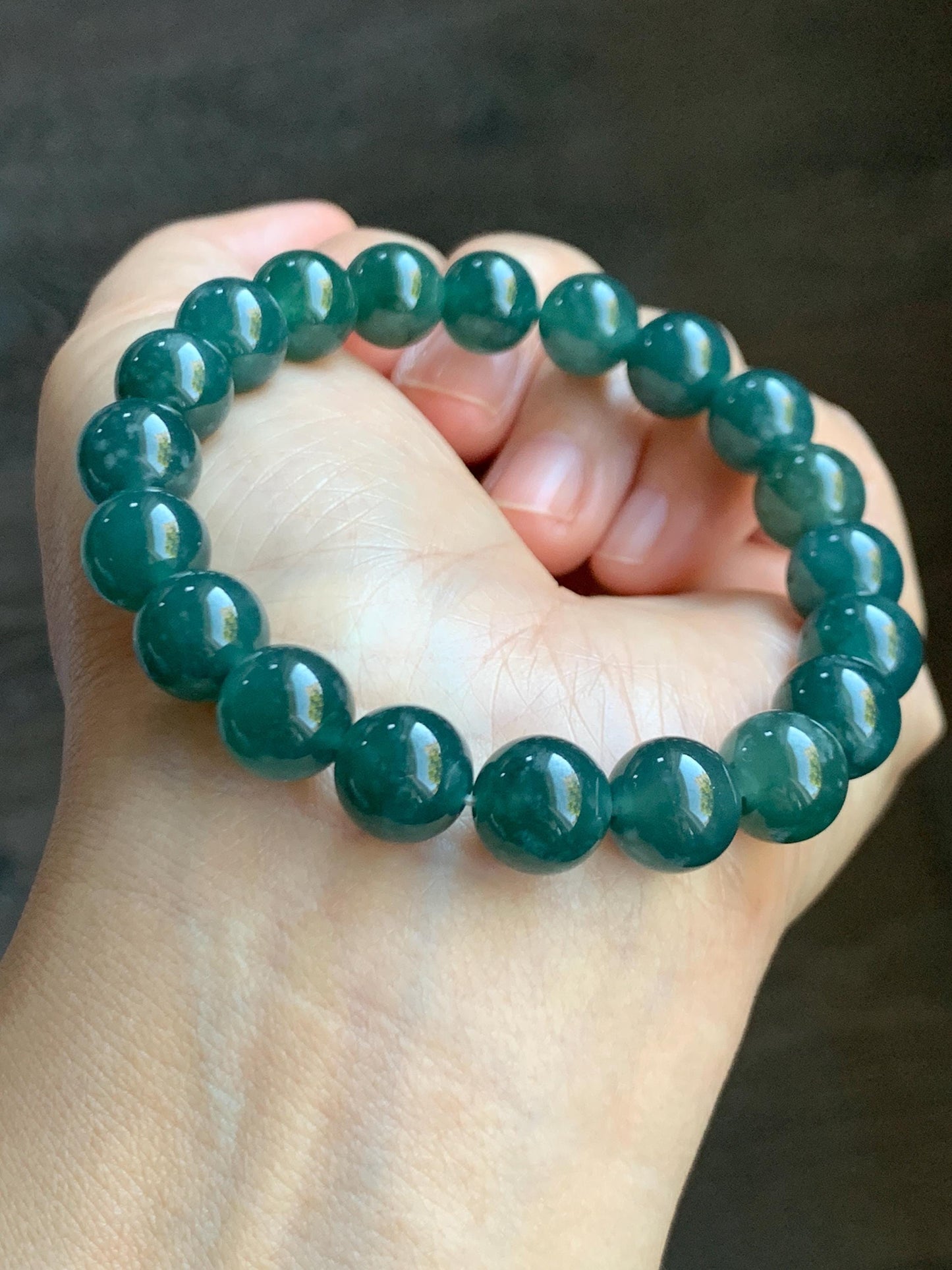 Natural Guatemalan Grade A Icy Translucent Dark Teal Green Jade Jadeite Beaded Bracelet Stretchy 9.8mm 7.25” 33g 天然冰危深蓝绿翡翠圆珠手串 WLP180B