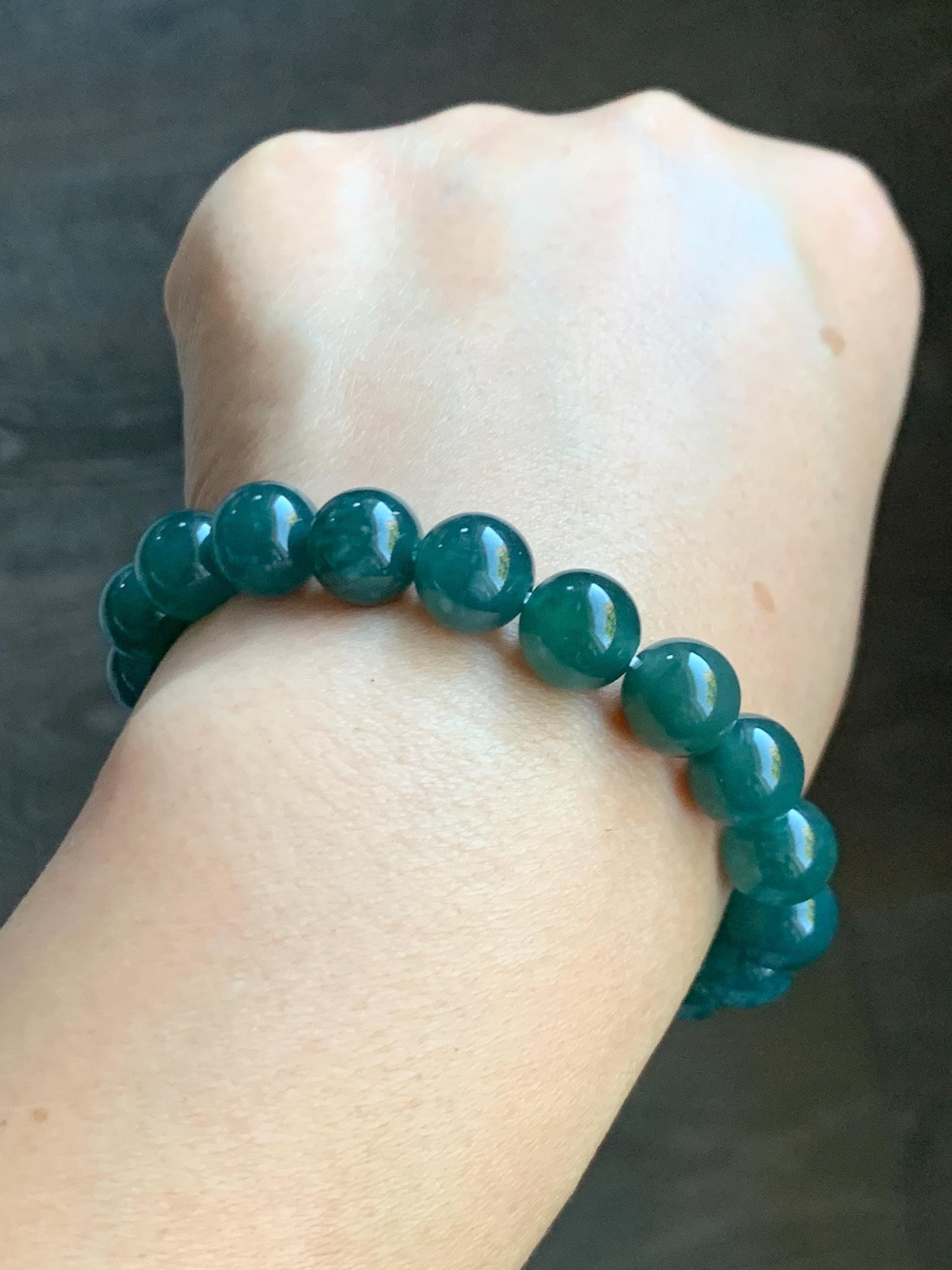 Natural Guatemalan Grade A Icy Translucent Dark Teal Green Jade Jadeite Beaded Bracelet Stretchy 9.8mm 7.25” 33g 天然冰危深蓝绿翡翠圆珠手串 WLP180B