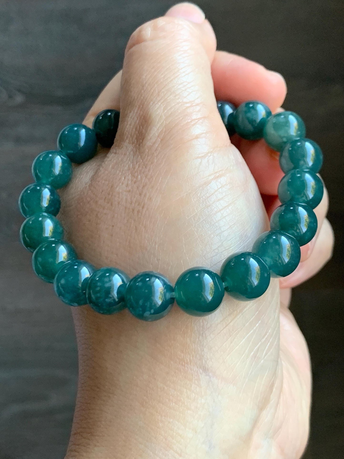 Natural Guatemalan Grade A Icy Translucent Dark Teal Green Jade Jadeite Beaded Bracelet Stretchy 9.8mm 7.25” 33g 天然冰危深蓝绿翡翠圆珠手串 WLP180B