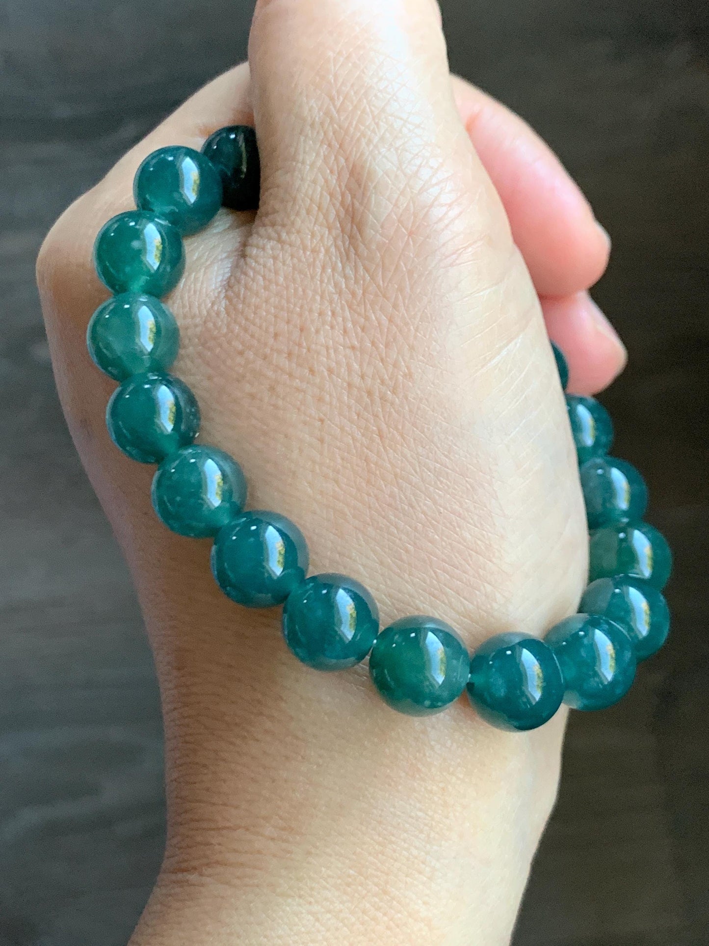 Natural Guatemalan Grade A Icy Translucent Dark Teal Green Jade Jadeite Beaded Bracelet Stretchy 9.8mm 7.25” 33g 天然冰危深蓝绿翡翠圆珠手串 WLP180B