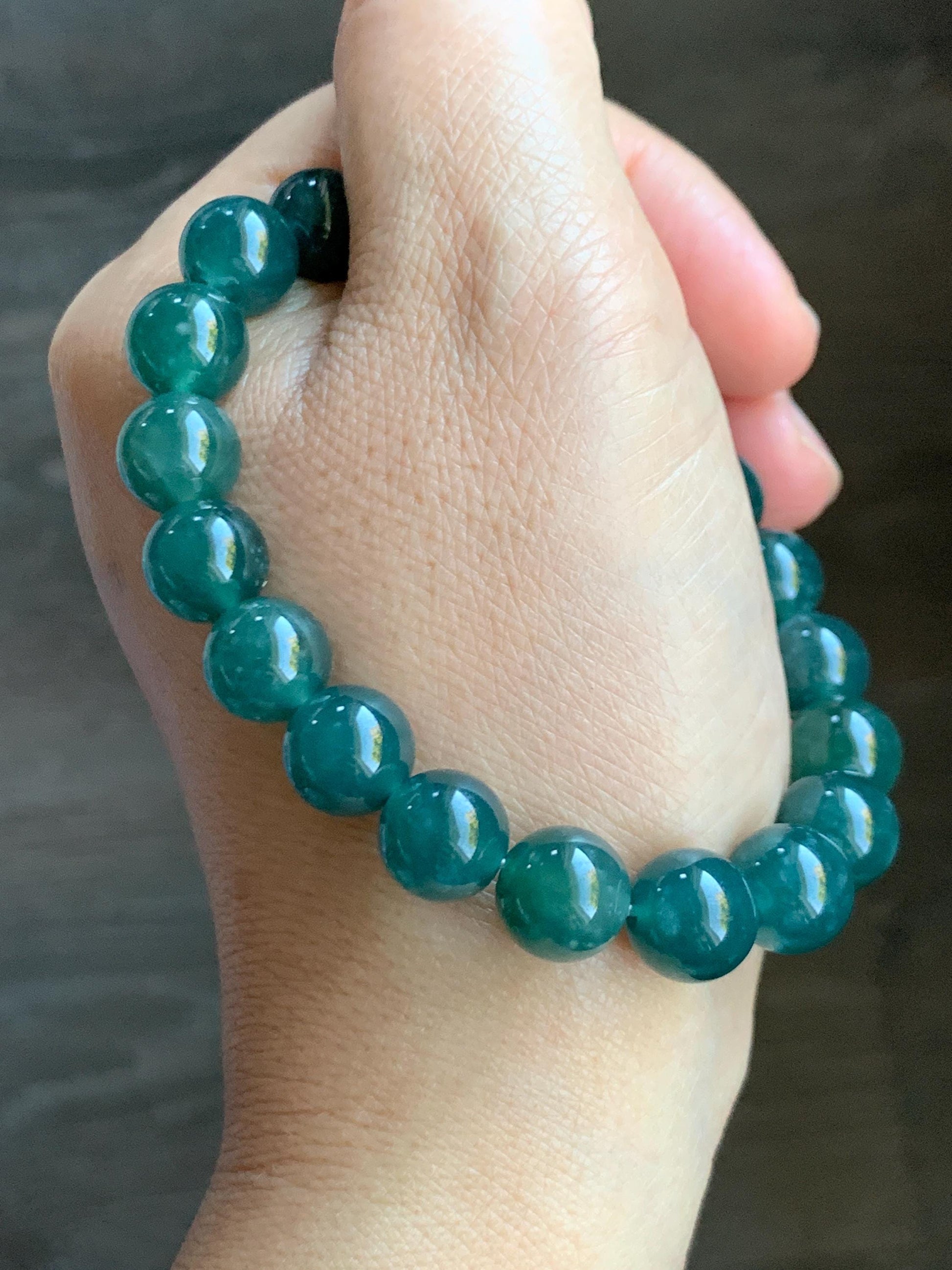 Natural Guatemalan Grade A Icy Translucent Dark Teal Green Jade Jadeite Beaded Bracelet Stretchy 9.8mm 7.25” 33g 天然冰危深蓝绿翡翠圆珠手串 WLP180B