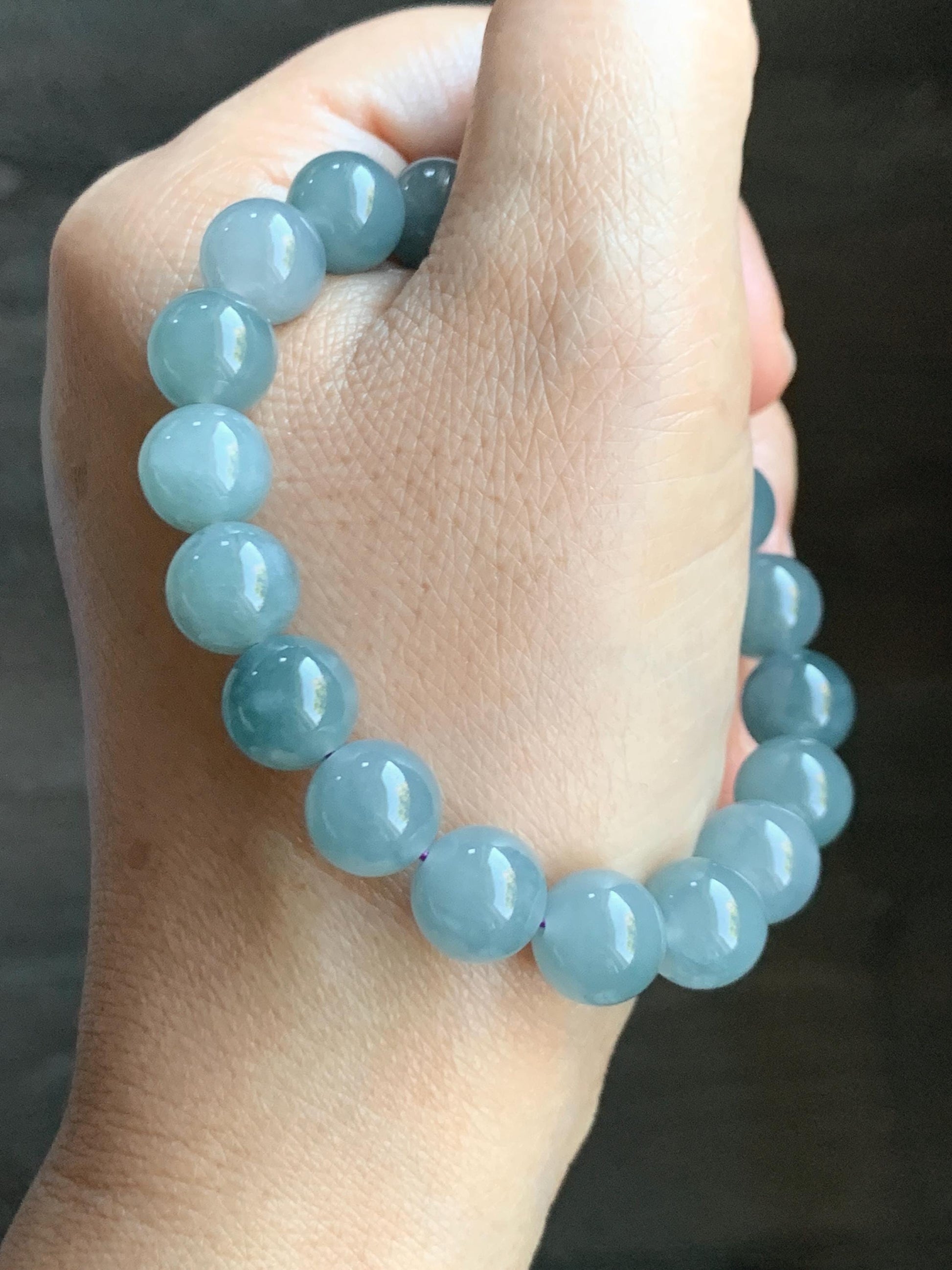 Natural Grade A Guatemalan Icy Translucent Gelatinous Light Dusty Blue Jade Jadeite Beaded Bracelet 9.7mm 6.75" 29g 天然冰胶危浅蓝紫翡翠手串 GDW380A