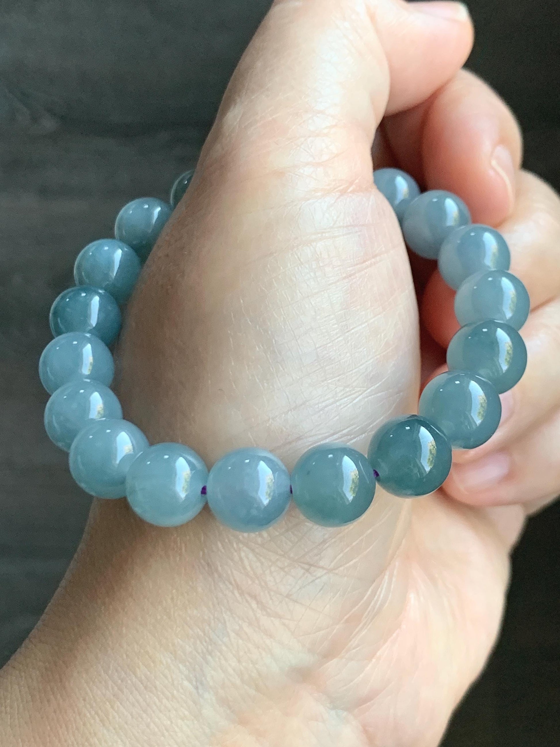 Natural Grade A Guatemalan Icy Translucent Gelatinous Light Dusty Blue Jade Jadeite Beaded Bracelet 9.7mm 6.75" 29g 天然冰胶危浅蓝紫翡翠手串 GDW380A