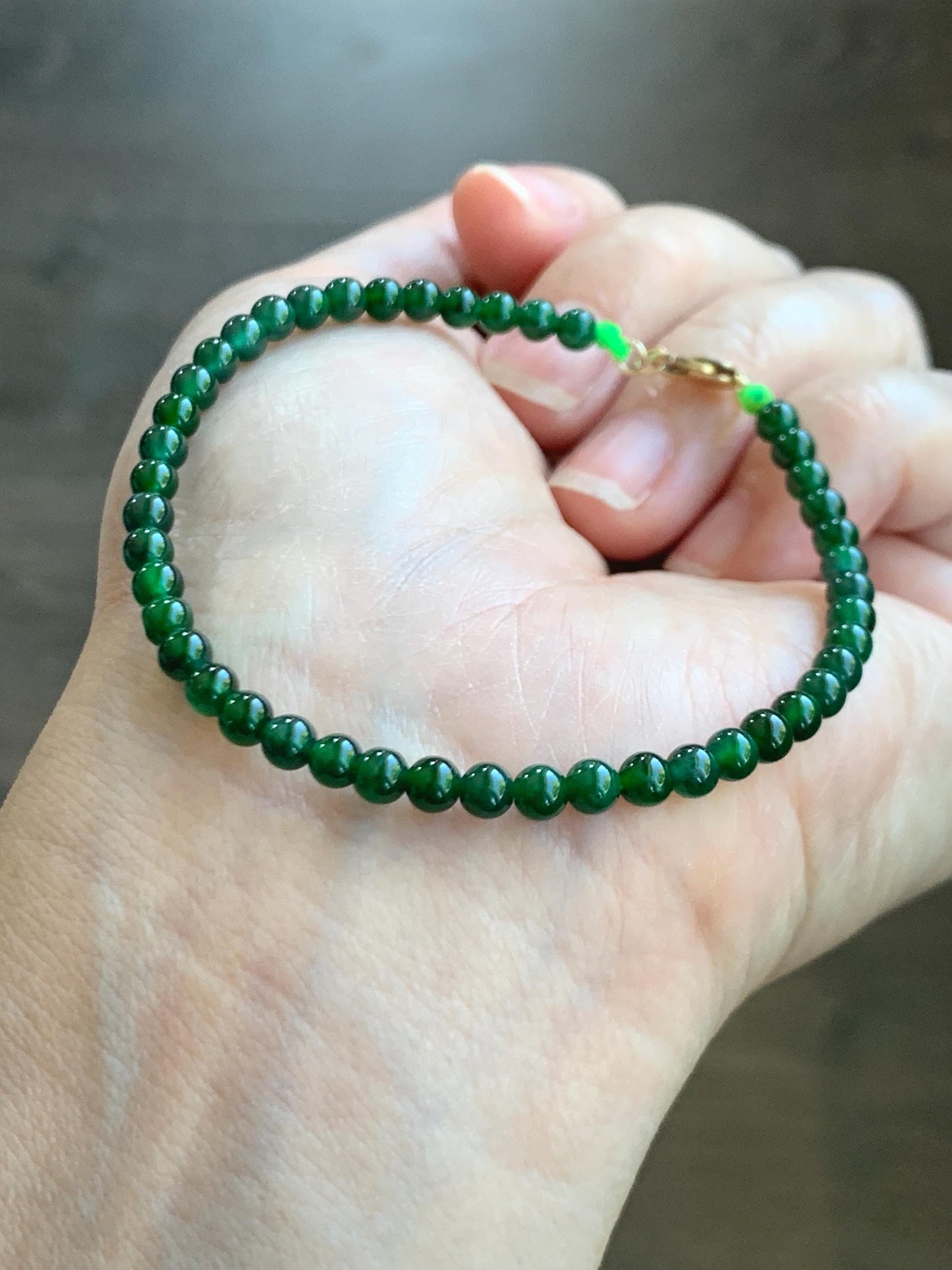 Natural Grade A Guatemalan Icy Translucent Vibrant Green Jade Jadeite Petite Beaded Bracelet 3.8mm 7” 14K Yellow Gold 天然冰危绿翡翠小圆珠手串 WXL107