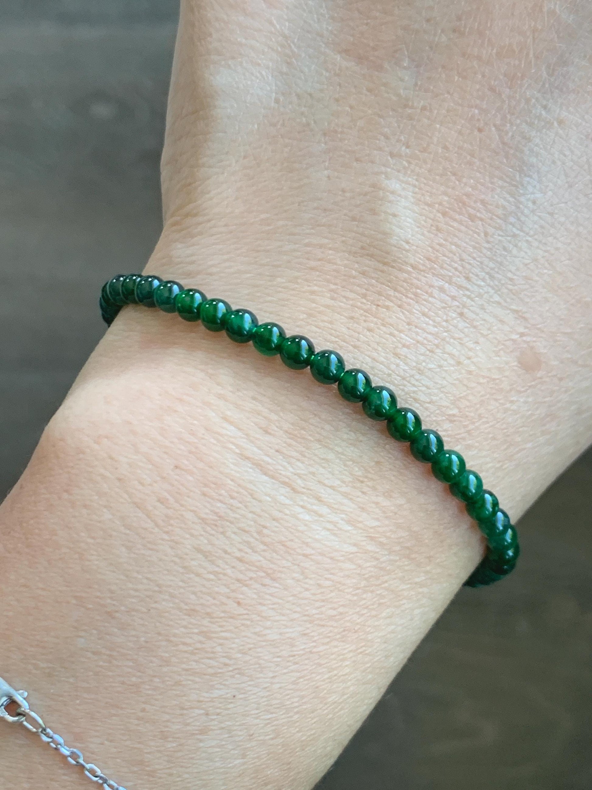 Natural Grade A Guatemalan Icy Translucent Vibrant Green Jade Jadeite Petite Beaded Bracelet 3.8mm 7” 14K Yellow Gold 天然冰危绿翡翠小圆珠手串 WXL107