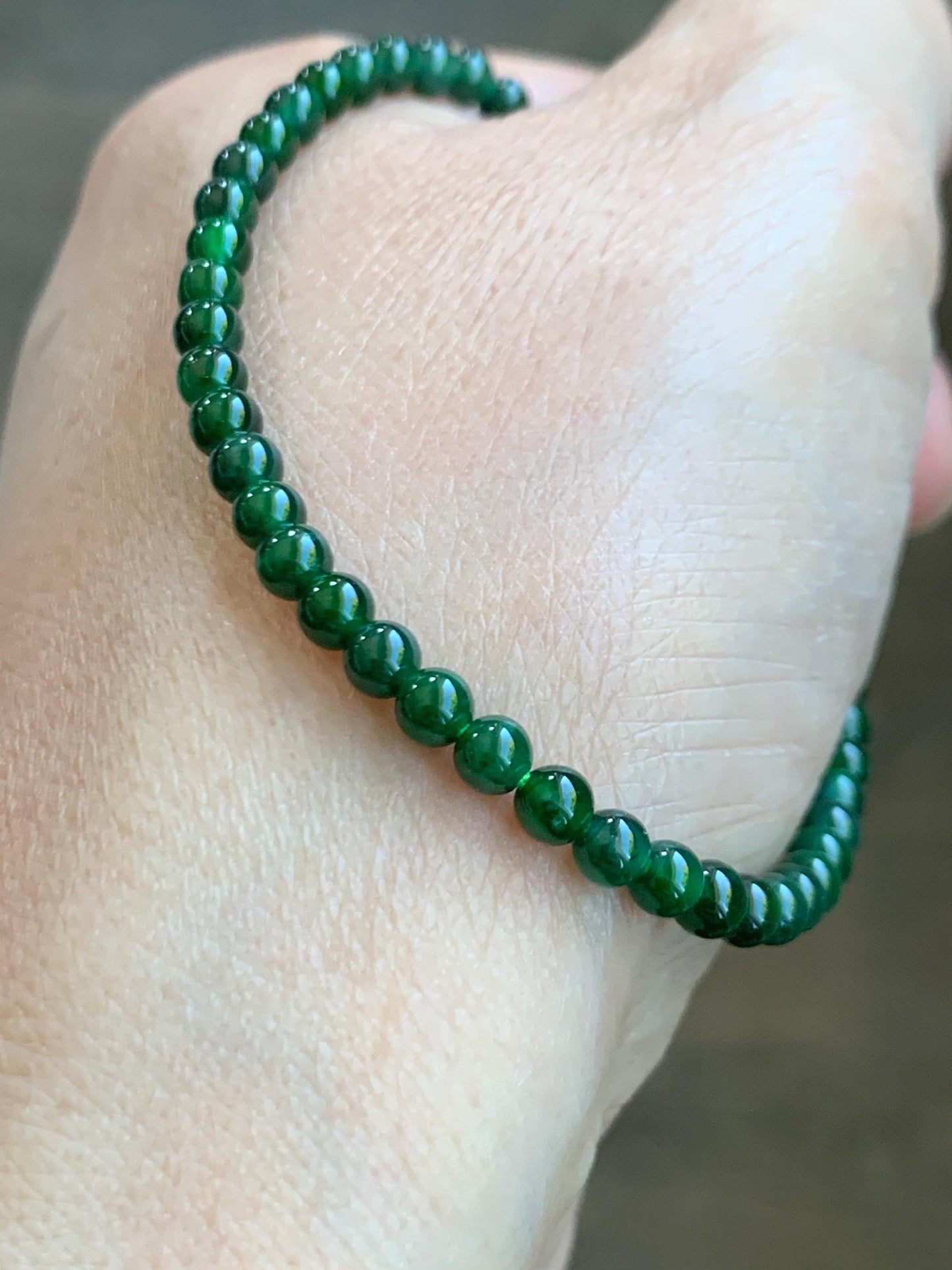 Natural Grade A Guatemalan Icy Translucent Vibrant Green Jade Jadeite Petite Beaded Bracelet 3.8mm 7” 14K Yellow Gold 天然冰危绿翡翠小圆珠手串 WXL107