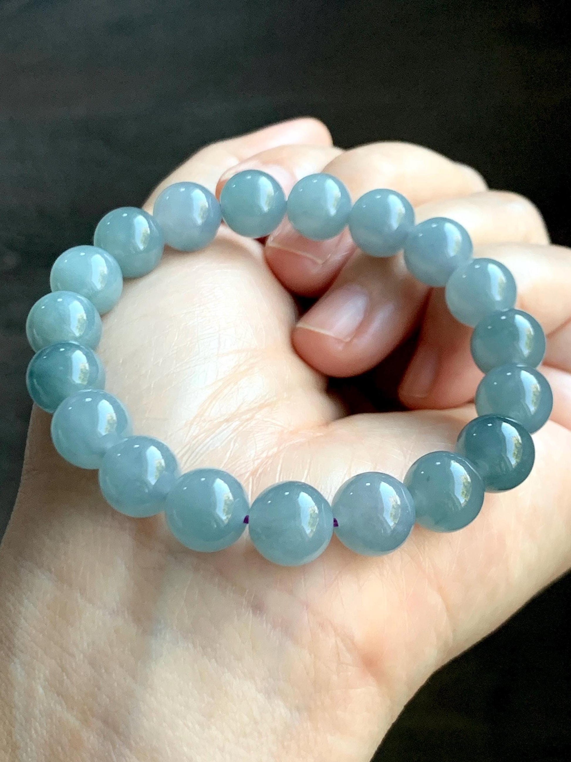 Natural Grade A Guatemalan Icy Translucent Gelatinous Light Dusty Blue Jade Jadeite Beaded Bracelet 9.7mm 6.75" 29g 天然冰胶危浅蓝紫翡翠手串 GDW380A