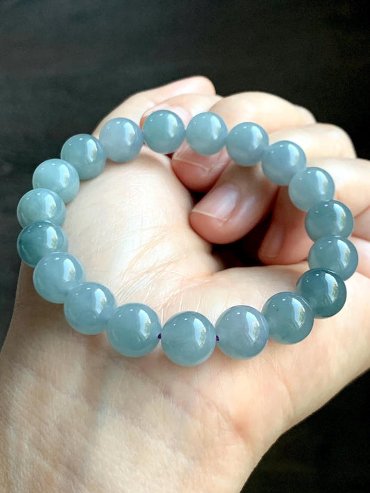 Natural Grade A Guatemalan Icy Translucent Gelatinous Light Dusty Blue Jade Jadeite Beaded Bracelet 9.7mm 6.75" 29g 天然冰胶危浅蓝紫翡翠手串 GDW380A