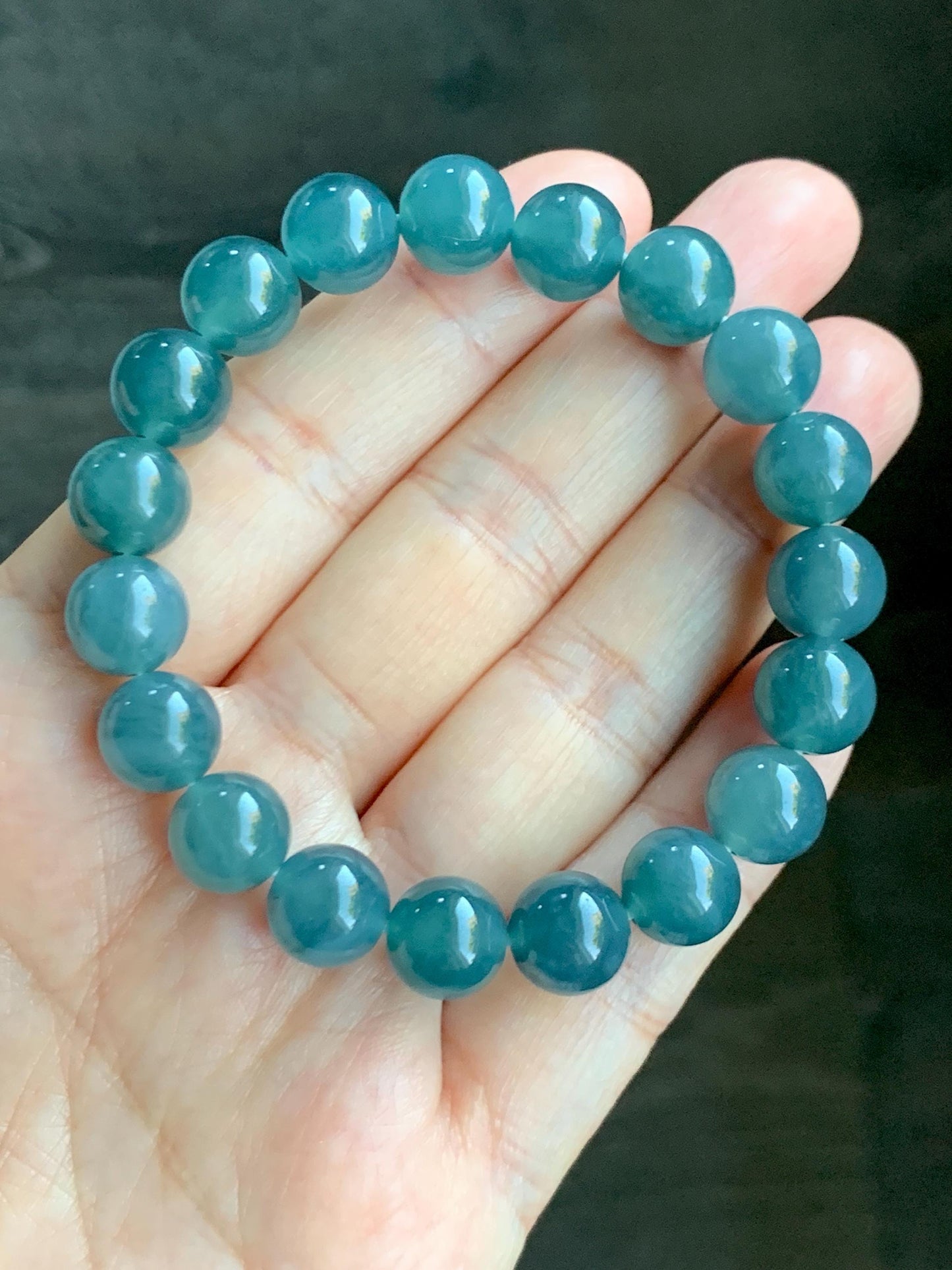 Natural Grade A Guatemalan Icy Translucent Gelatinous Dark Teal Blue Jade Jadeite Beaded Bracelet 9.8mm 6.75" 30g 天然冰胶危深蓝翡翠手串 GDW380B