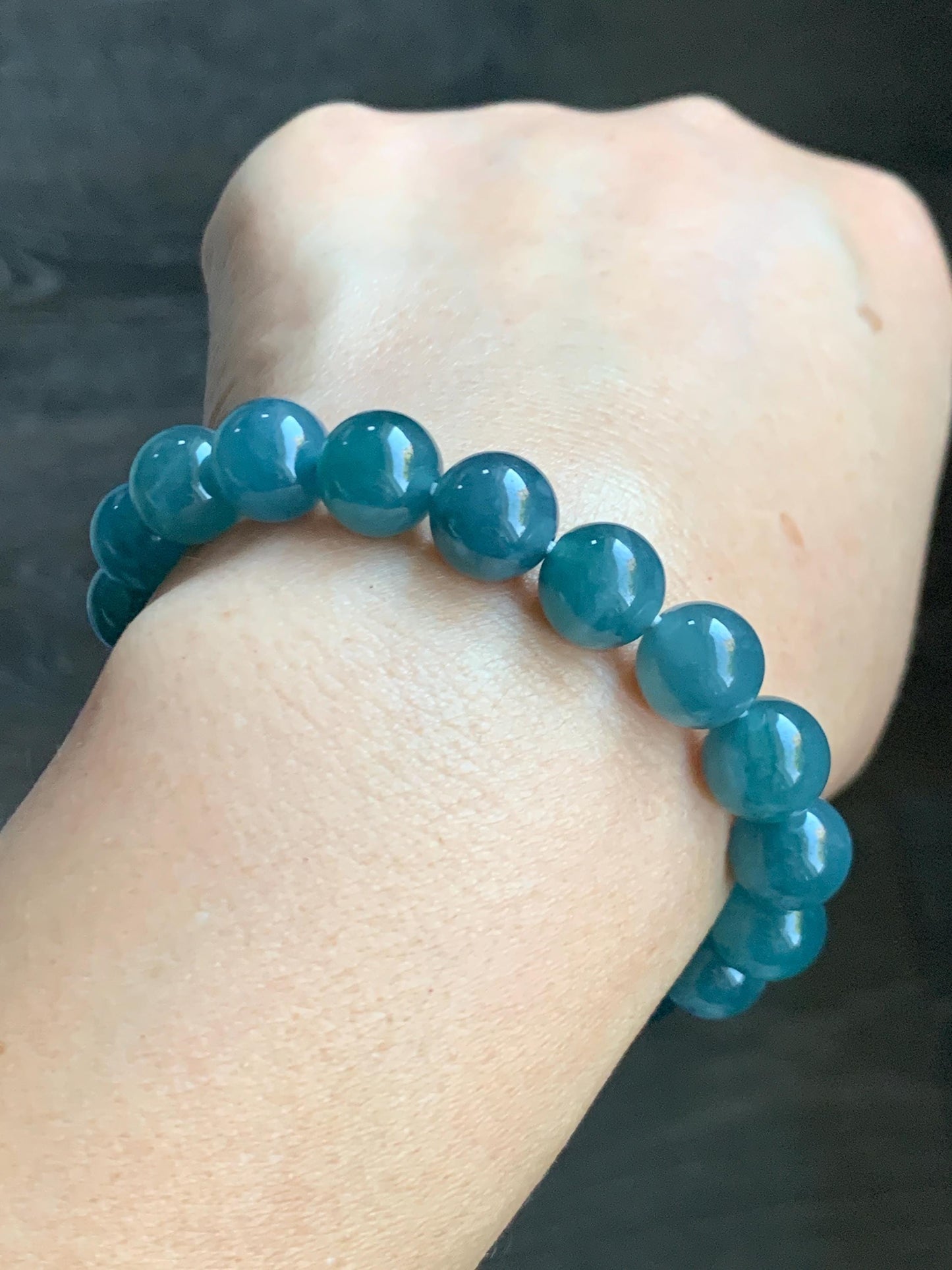 Natural Grade A Guatemalan Icy Translucent Gelatinous Dark Teal Blue Jade Jadeite Beaded Bracelet 9.8mm 6.75" 30g 天然冰胶危深蓝翡翠手串 GDW380B
