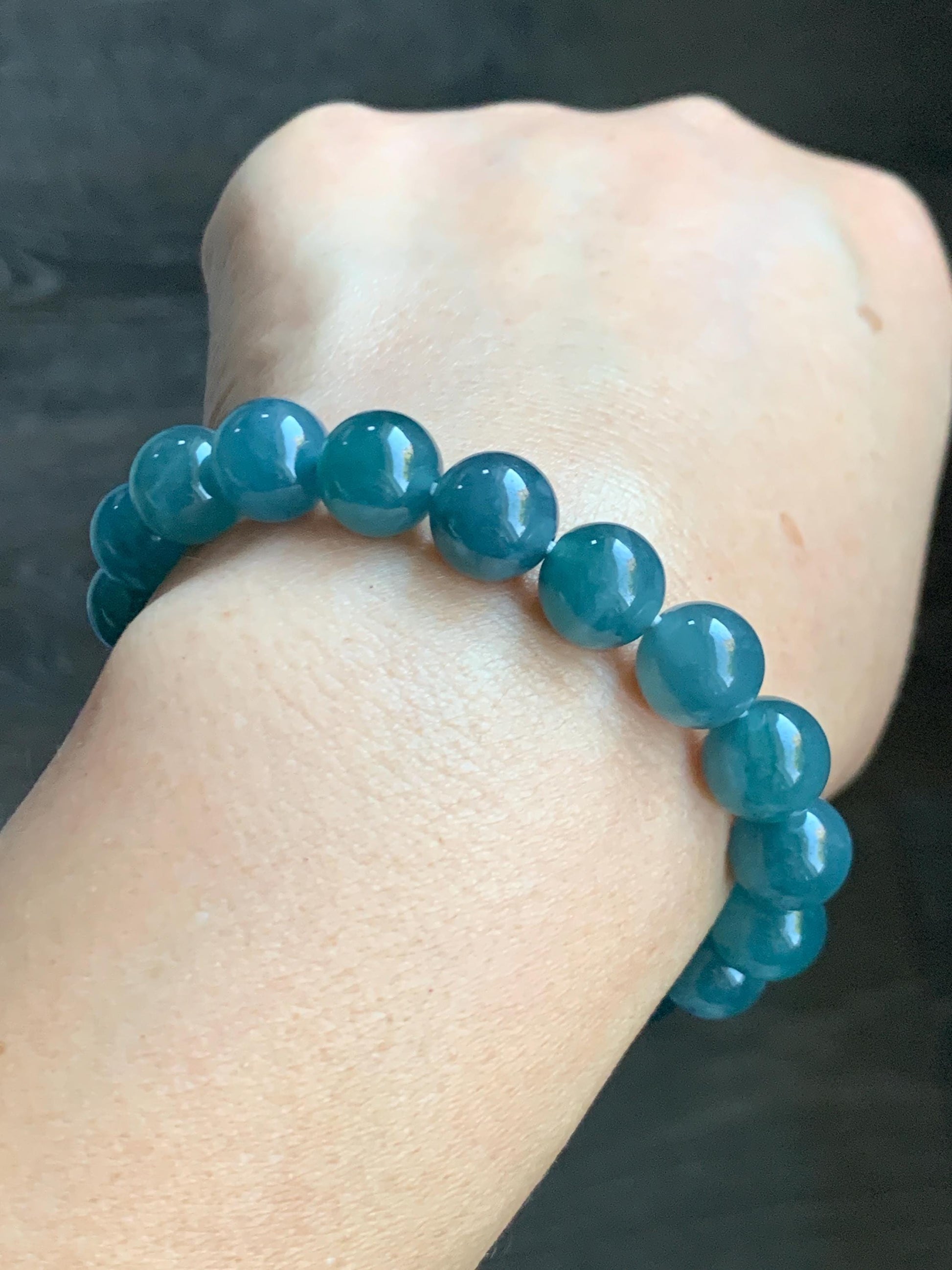 Natural Grade A Guatemalan Icy Translucent Gelatinous Dark Teal Blue Jade Jadeite Beaded Bracelet 9.8mm 6.75" 30g 天然冰胶危深蓝翡翠手串 GDW380B