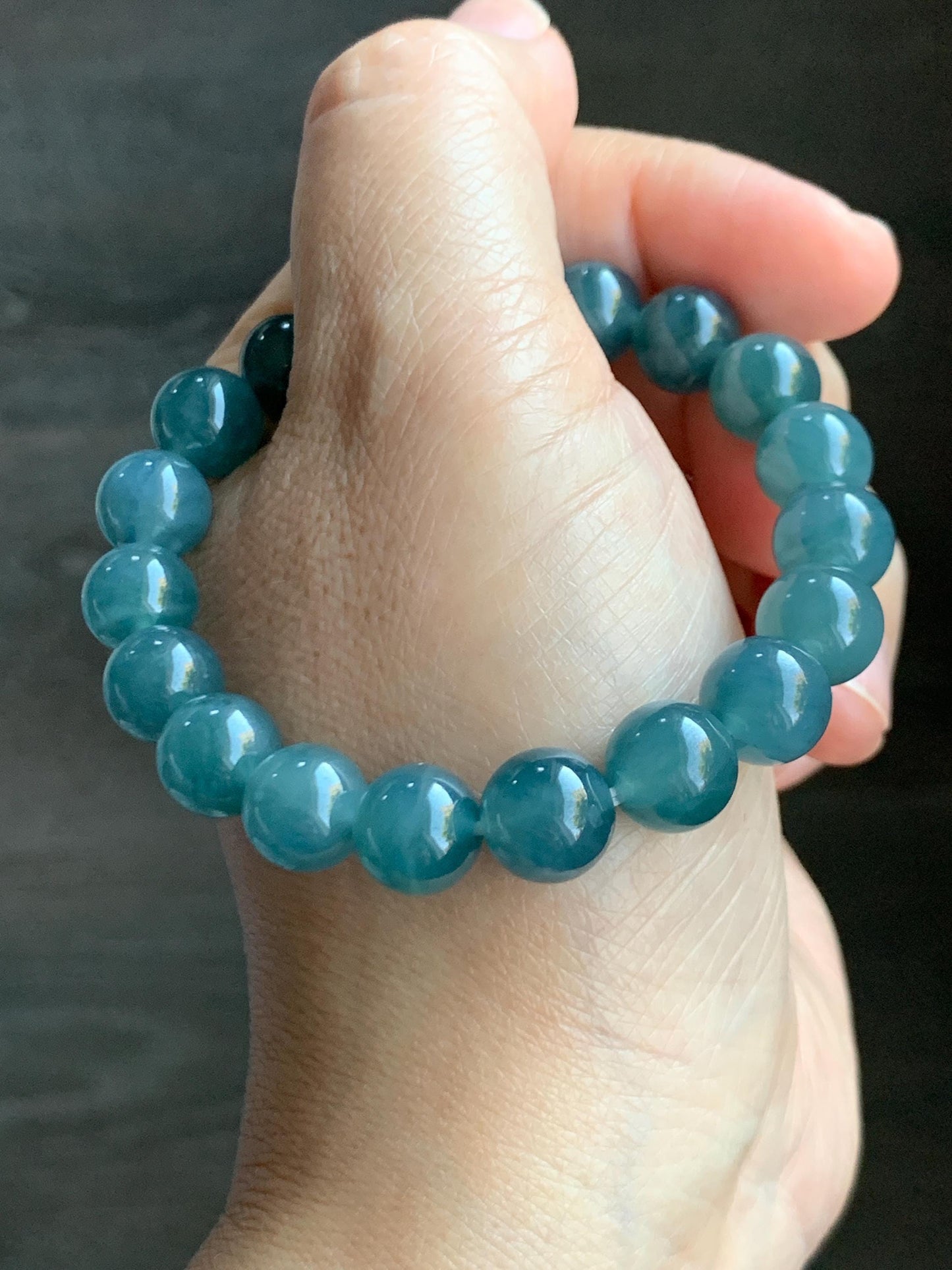 Natural Grade A Guatemalan Icy Translucent Gelatinous Dark Teal Blue Jade Jadeite Beaded Bracelet 9.8mm 6.75" 30g 天然冰胶危深蓝翡翠手串 GDW380B
